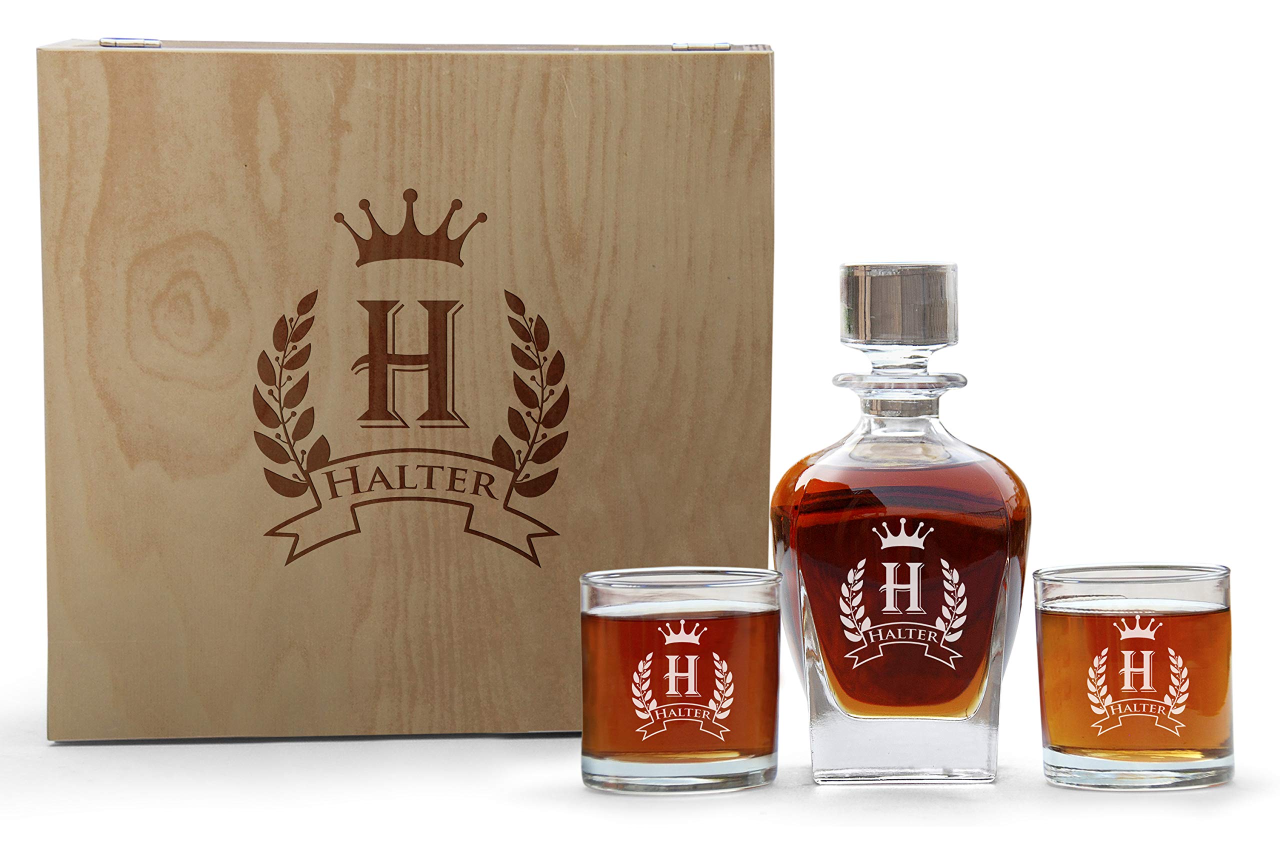 Crown & Leaf Design Decanter Set, Personalized Decanter Set With Glasses, Whiskey Decanter Set, Stylish Custom Decanter Set And Glasses