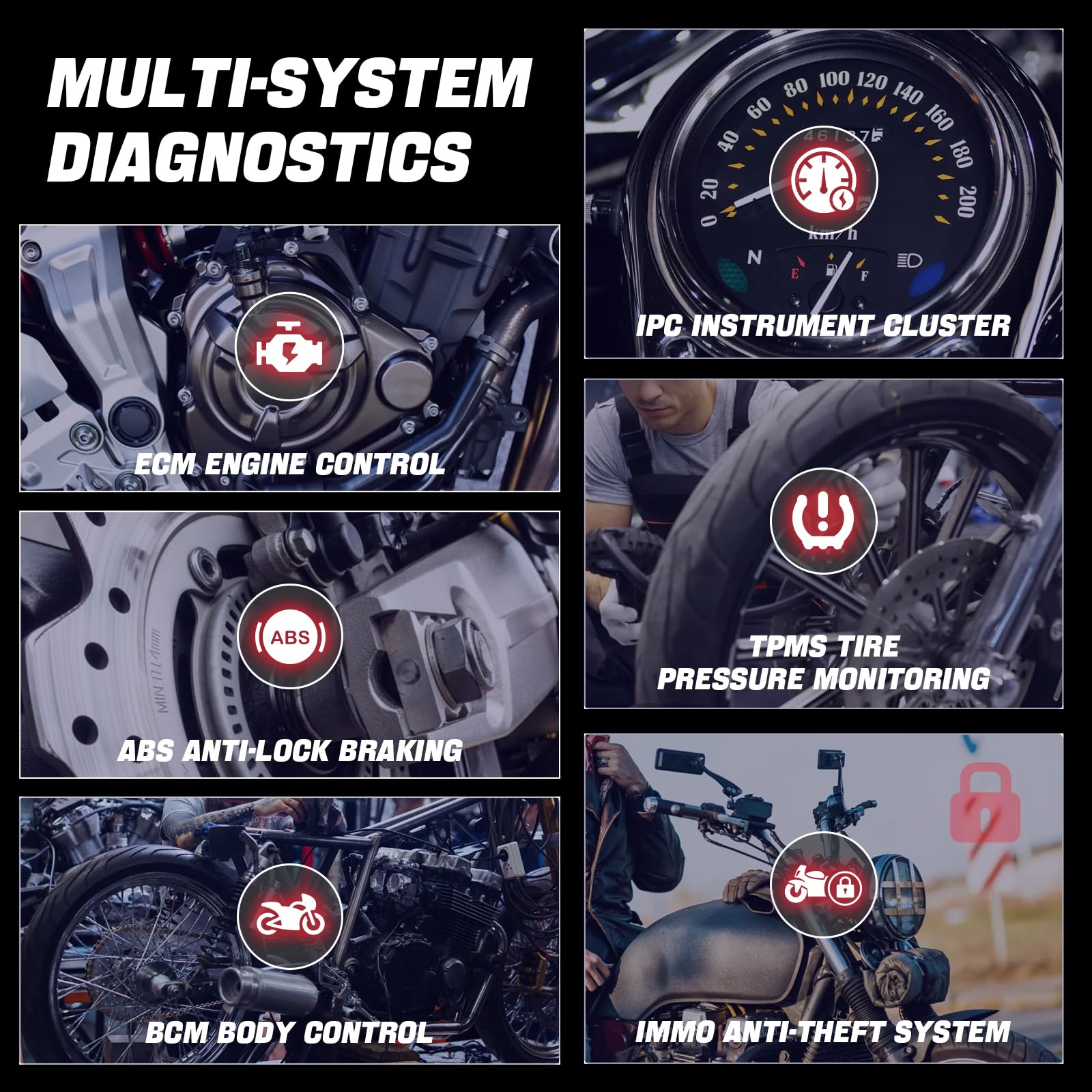 Outil de Diagnostic Scanner Moto M7, Lecteur de Codes OBDII Moto pour Système ABS avec Scan Automatique & Détection Instantanée VIN pour Honda Harley 70+ Marques 100 Fonctions de Service