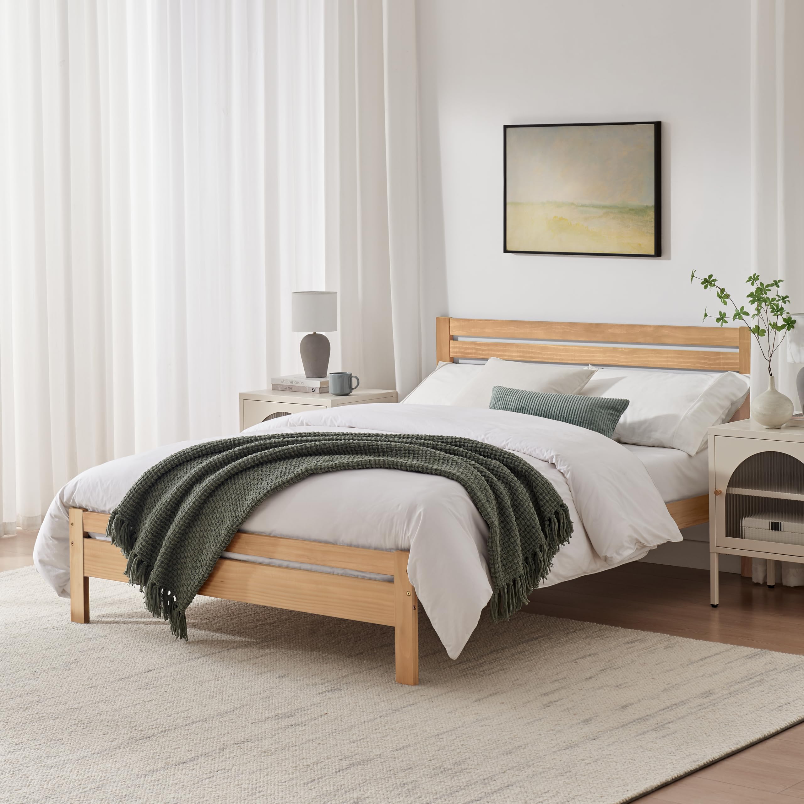 Furniturebox UK Wooden Double Bedframe - 'Declan' Solid Pine Double Bed With Natural Oak Stain Finish - Simple Timeless Scandi Inspired Wood Bed For Modern or Traditional Bedrooms