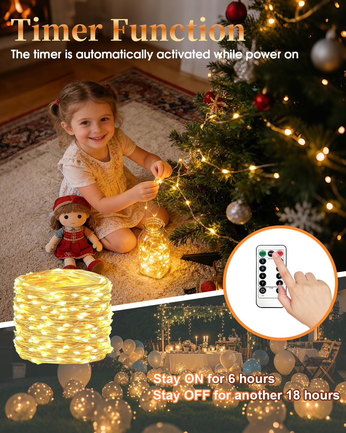LED Batteriebetriebene Lichterkette 8 Pack, 8 x10M 100 LEDs Warmweiß Drahtlichterkette mit Fernbedienung & Timer, 8 Modi, Wasserdicht für Weihnachten, Party, Hochzeit, Garten & Zimmerdekoration