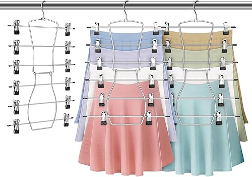 Fkamz Perchas de 6 niveles para pantalones que ahorran espacio, paquete de 3 perchas de metal para faldas con clips ajustables para 18 faldas,