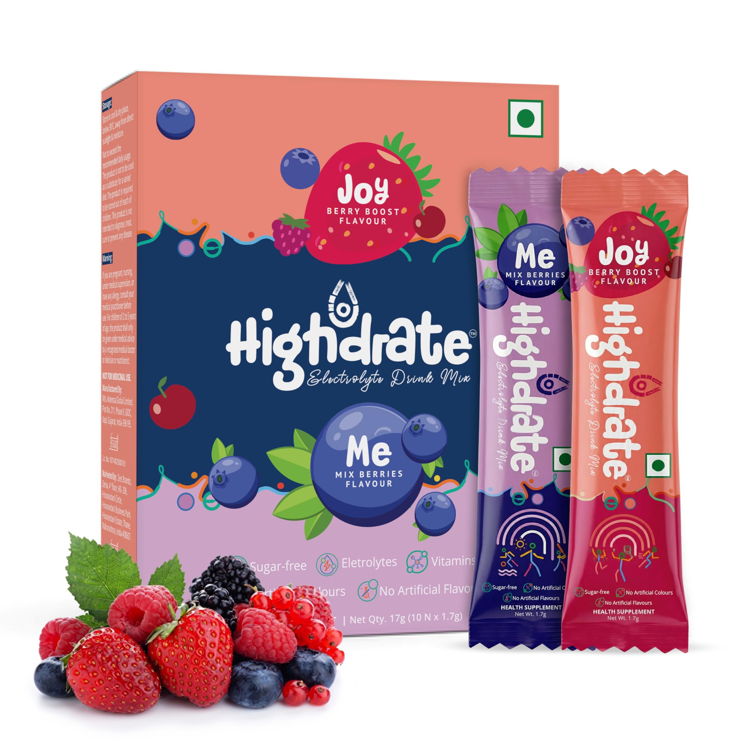 [BRSRGAD7PIHAEGY6] Highdrate Sugar Free Electrolyte Drink Mix | Hydration Powder for Dehydration | 10 Electrolyte Sachets with 5 Vitamins, 5 Minerals & 2 Billion CFU Probiotics | Sugar Free Hydration Drink for Daily Use