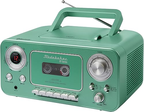 Reproductor de CD estéreo portátil con Bluetooth, radio estéreo AMFM y reproductor de casete (verde azulado y plateado)