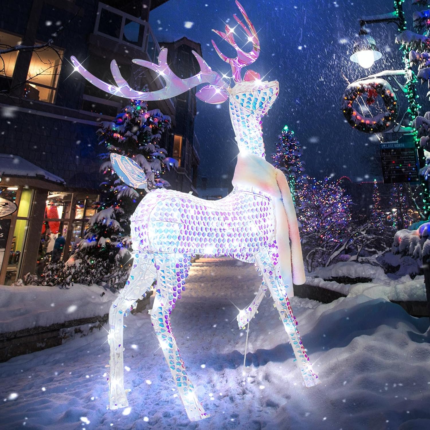 Lighted-up Christmas Deer Decorations,56" 3D Iridescent Reindeer Wear Scarf Christmas Outdoor Indoor Decorations with LED Lights,Pre-Lit Christmas Deer Holiday Display (Cold White Light)