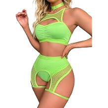 Rave Outfits for Women Festival Fishnet Lingerie Set Booty Shorts 3Pcs Babydoll Cutout Nightwear with Choker