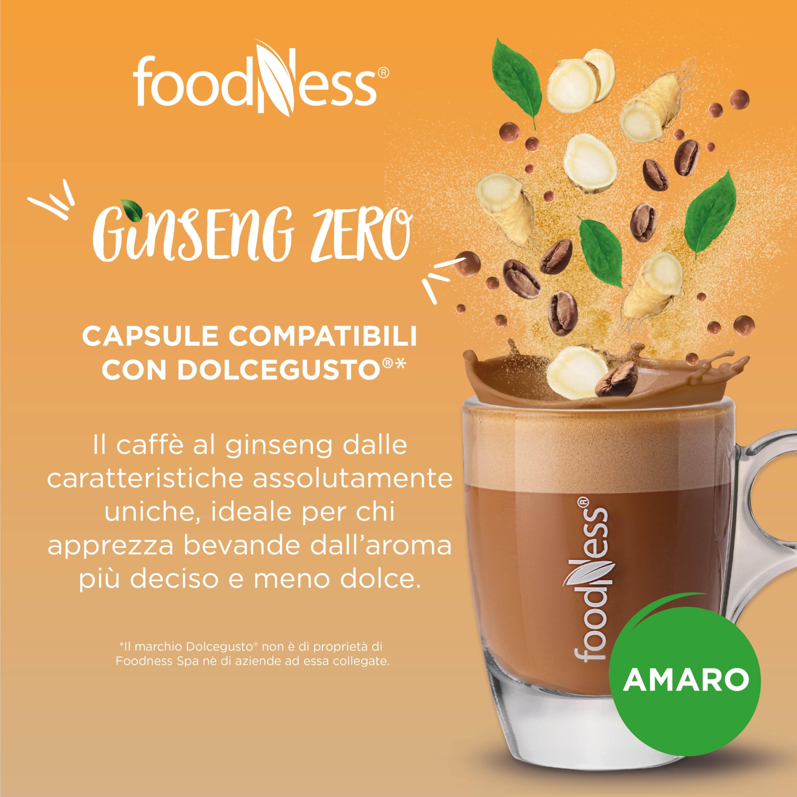foodNess - 1 Box da 10 Capsule di Ginseng Zero, Capsule Compatibili con Sistema Dolce Gusto, Preparato in Polvere Senza Additivi, Senza Glutine, Lattosio, Grassi Idrogenati e Zuccheri Aggiunti