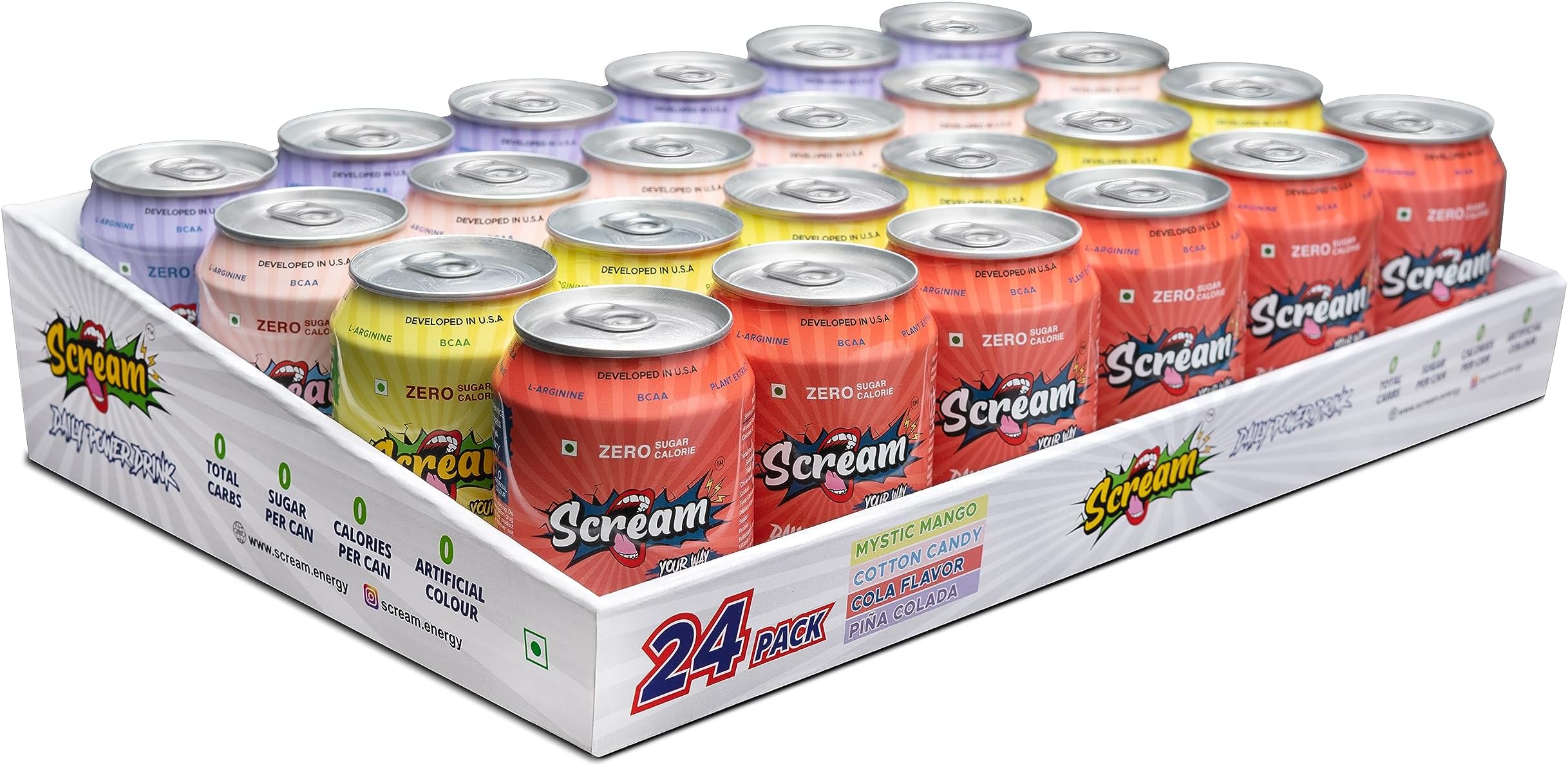 Scream Power Drink: Assorted Flavour, Zero Sugar, Calorie, Carb, Artificial Color Energy Drink With BCAA, Natural Caffeine, Sustained Energy - Pack of 24, 250ml Cans