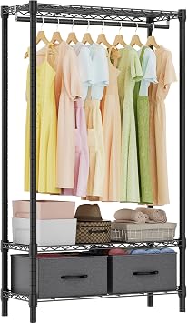 M MZG Heavy Duty Rolling Garment Rack 3 Tiers Adjustable Wire Shelving with Rod, Storage Closet Clothing Rack with Drawers Dark Grey, 15.8" D x 35.5" W x 72.4" H