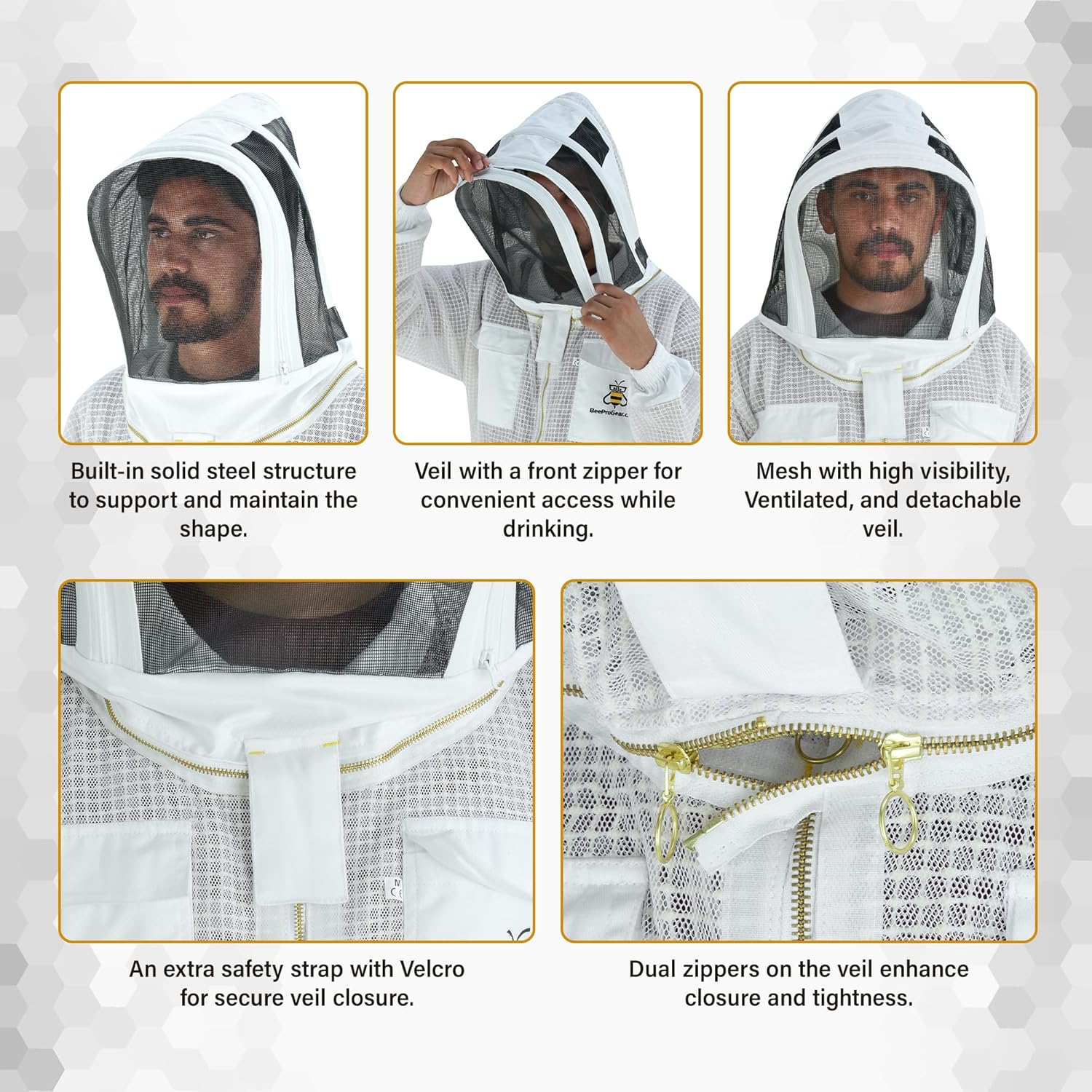 3-Layer Ventilated Mesh Bee Jacket for Men & Women with Veils Sting-Proof Beekeeping Jacket with Leather Gloves & Bag