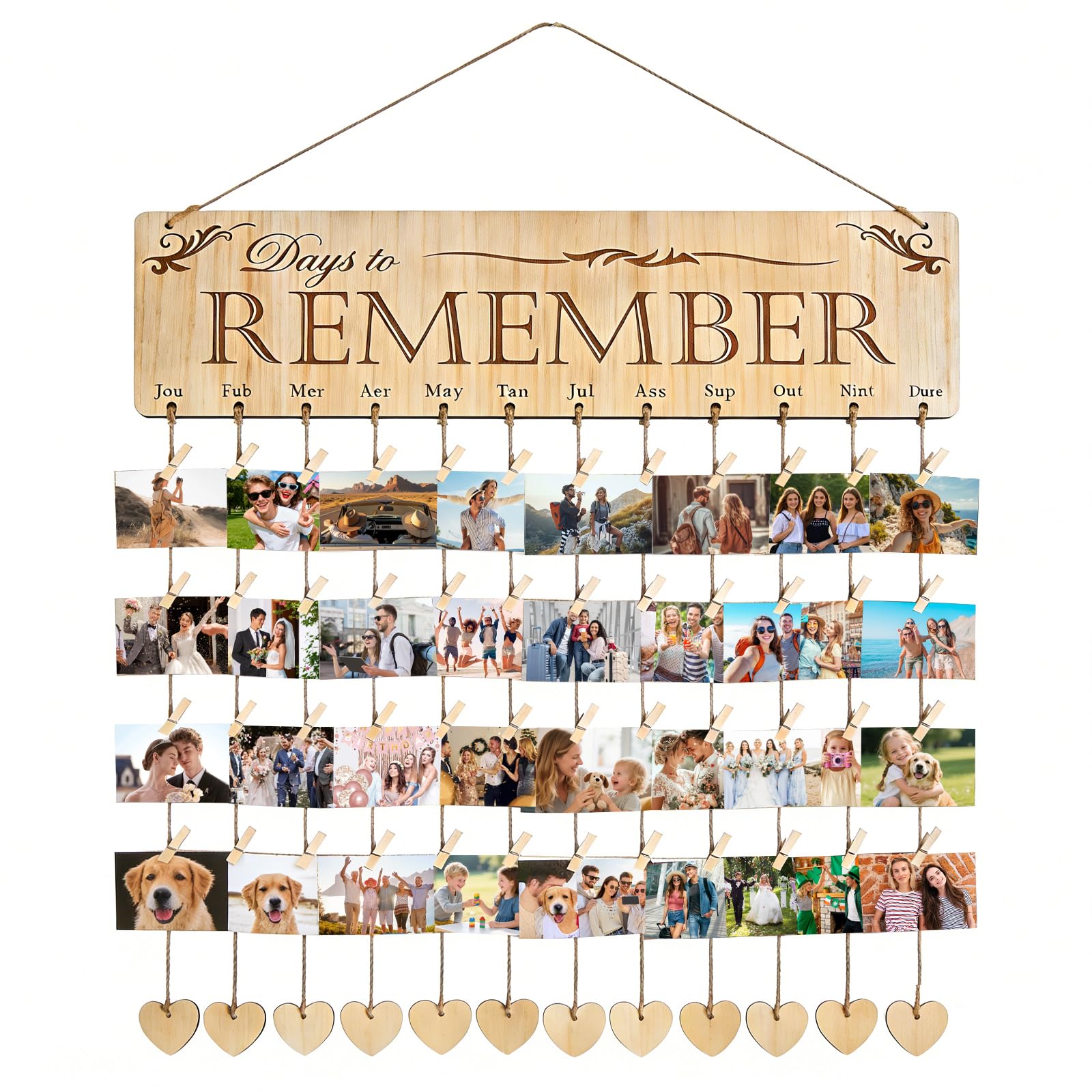 Hanging Photo Display Board with 48 Clips, 1 Ropes and 12 Heart-shaped Decorations, Picture Frames for Multiple Pictures, DIY Photo Board Photo Pegs for Living Room, Bedroom