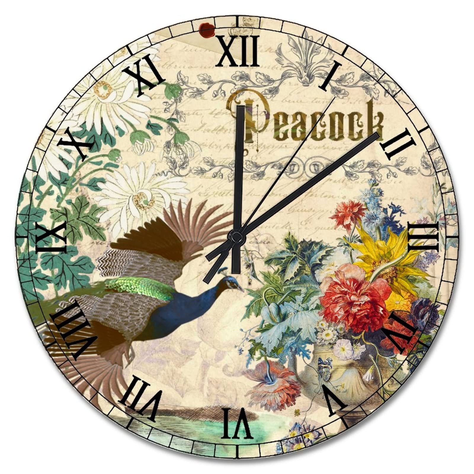 Horloge murale silencieuse en bois style paon romantique fonctionnant sur piles