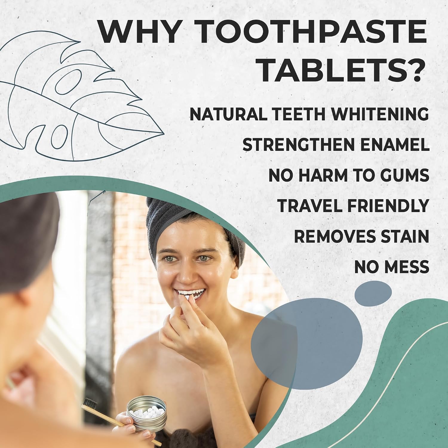 Natural Toothpaste Tablets with Bamboo Toothbrush for Teeth Whitening - Eco Friendly Travel Toothpaste Tablets - Fluoride-Free, Gluten-Free, Plastic-Free & Vegan | Spearmint Tooth Paste 60 Tablets