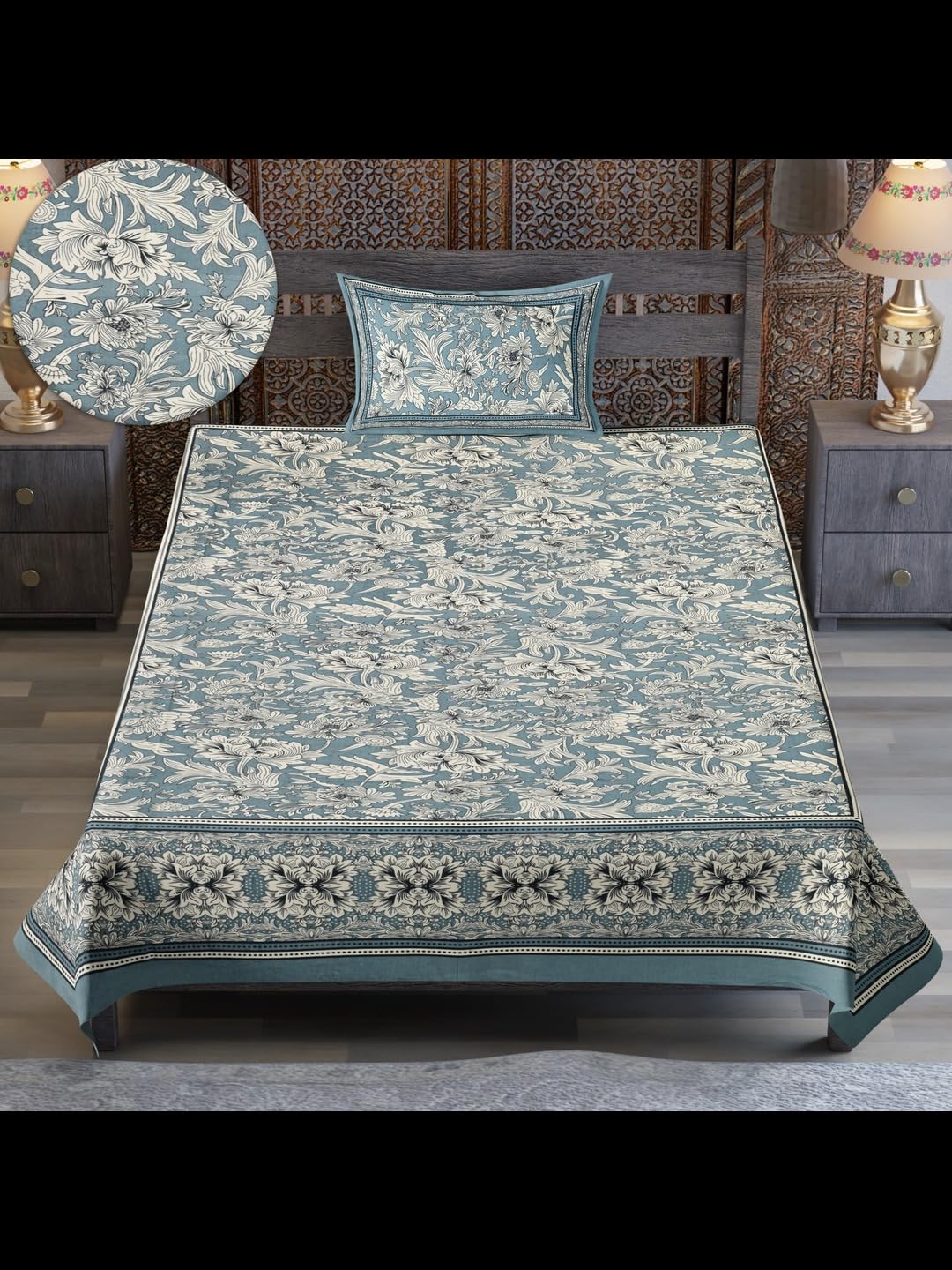 Monik Handicrafts 180 TC Cotton Single Printed Flat Bedsheet with One Zipper Pillow Cover (Floral)-image-1