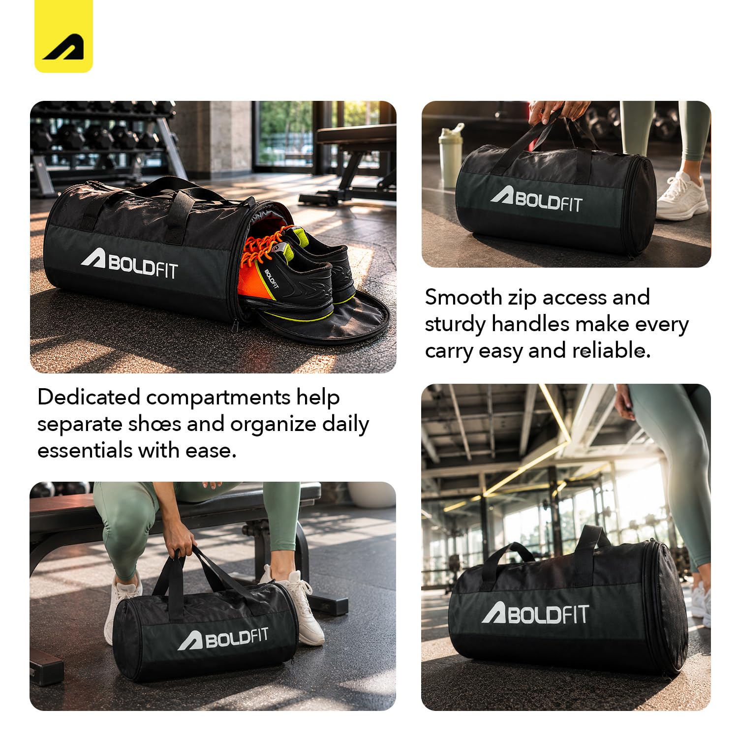 Boldfit Gym Bags for Men with Separate Shoe Compartment Unisex Duffle Bag for Carry & Travel Adjustable for Shoes Towel Duffel Sports Bag for Women & Men 20L - Black Grey 3