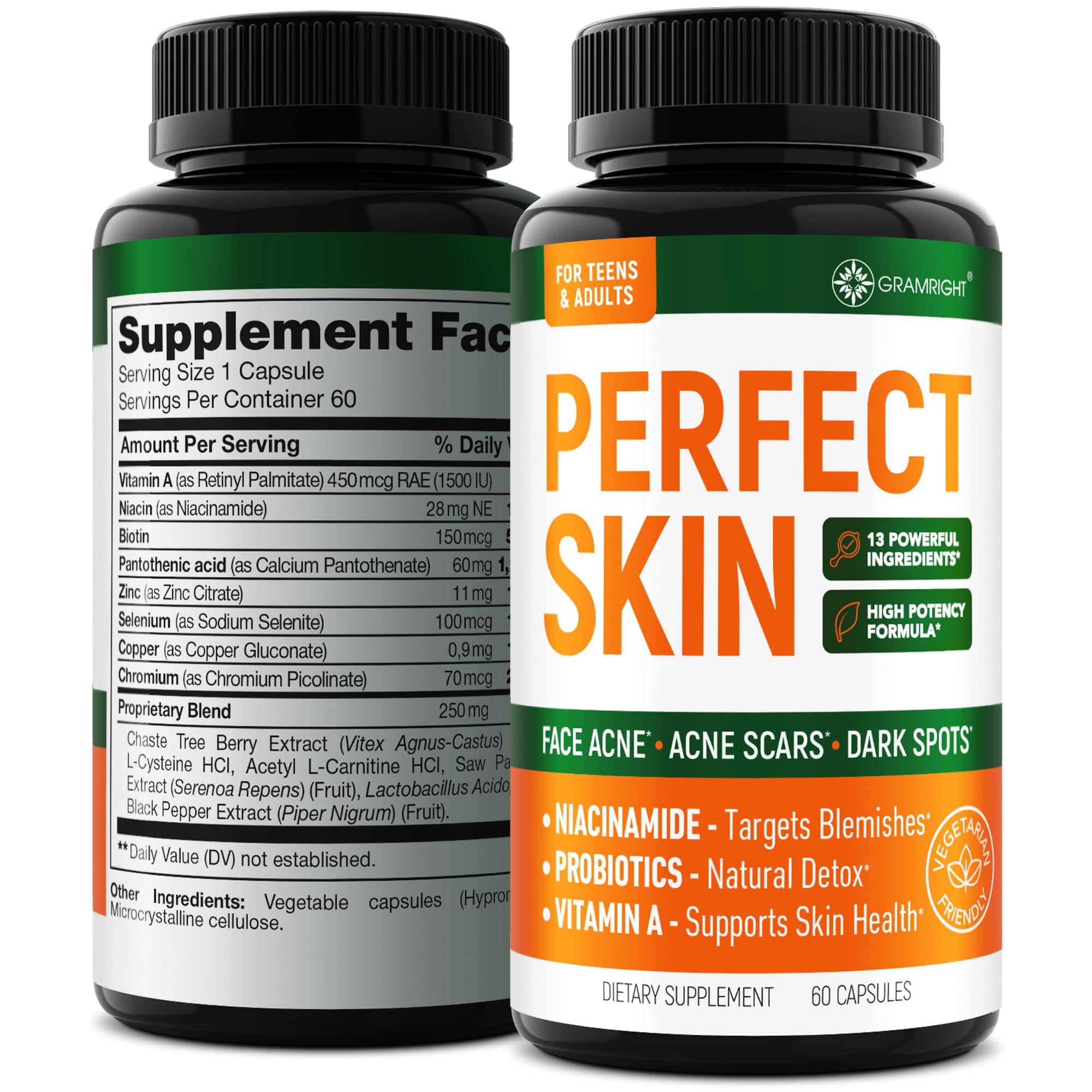 Perfect Skin Acne Pills - Clear Skin Supplement with Niacinamide, Probiotic, Zinc & Vitamin A - Anti Acne Vitamins for Teens, Men & Women - Support for Face & Back Acne, Acne Scars - 60 Capsules