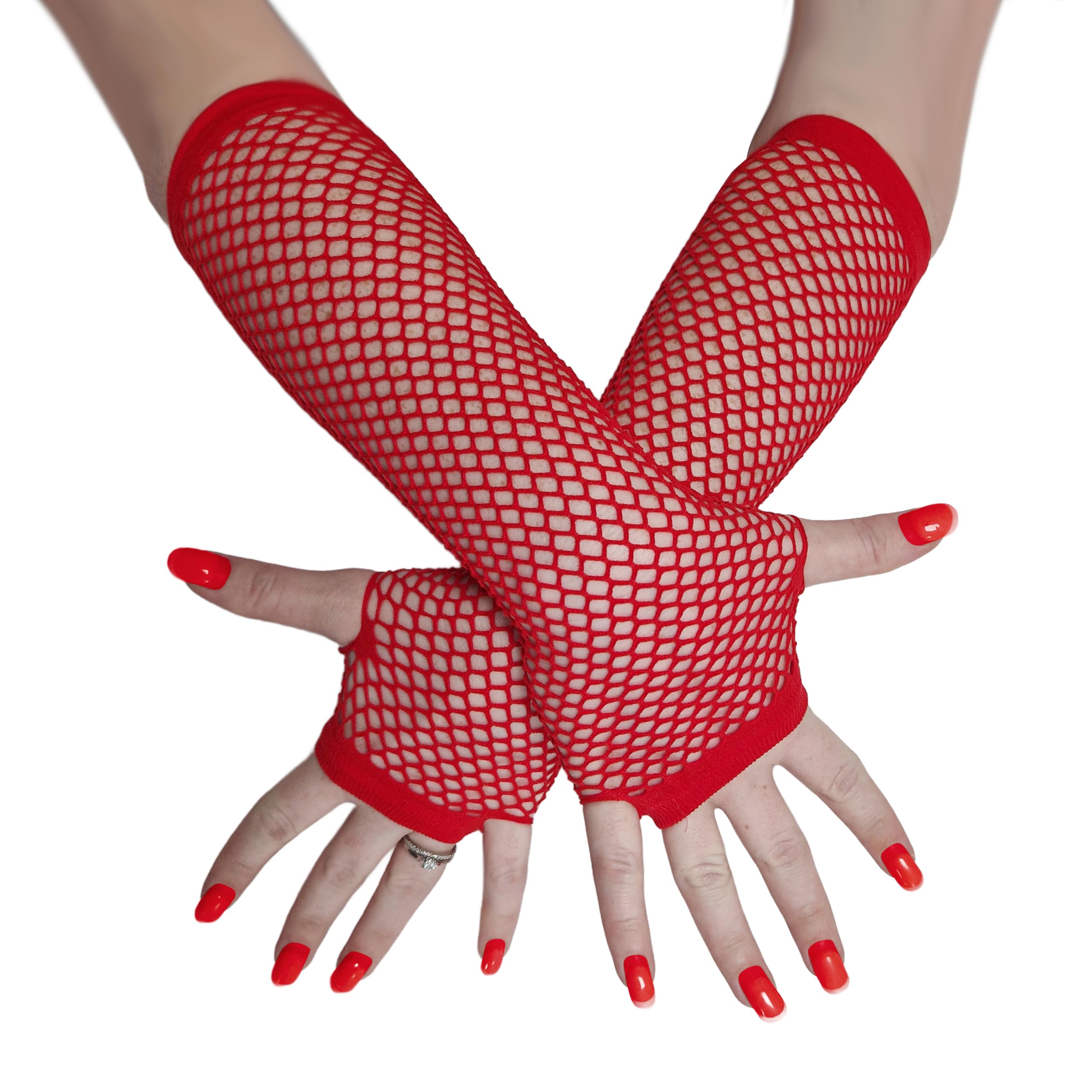 Komonee Red Fishnet Gloves Long Fingerless Arm Warmers, Elbow Length Mesh Sleeves for Women, Stretchy Sheer Opera Style for Rave Cosplay Halloween 80s Costume, One Size