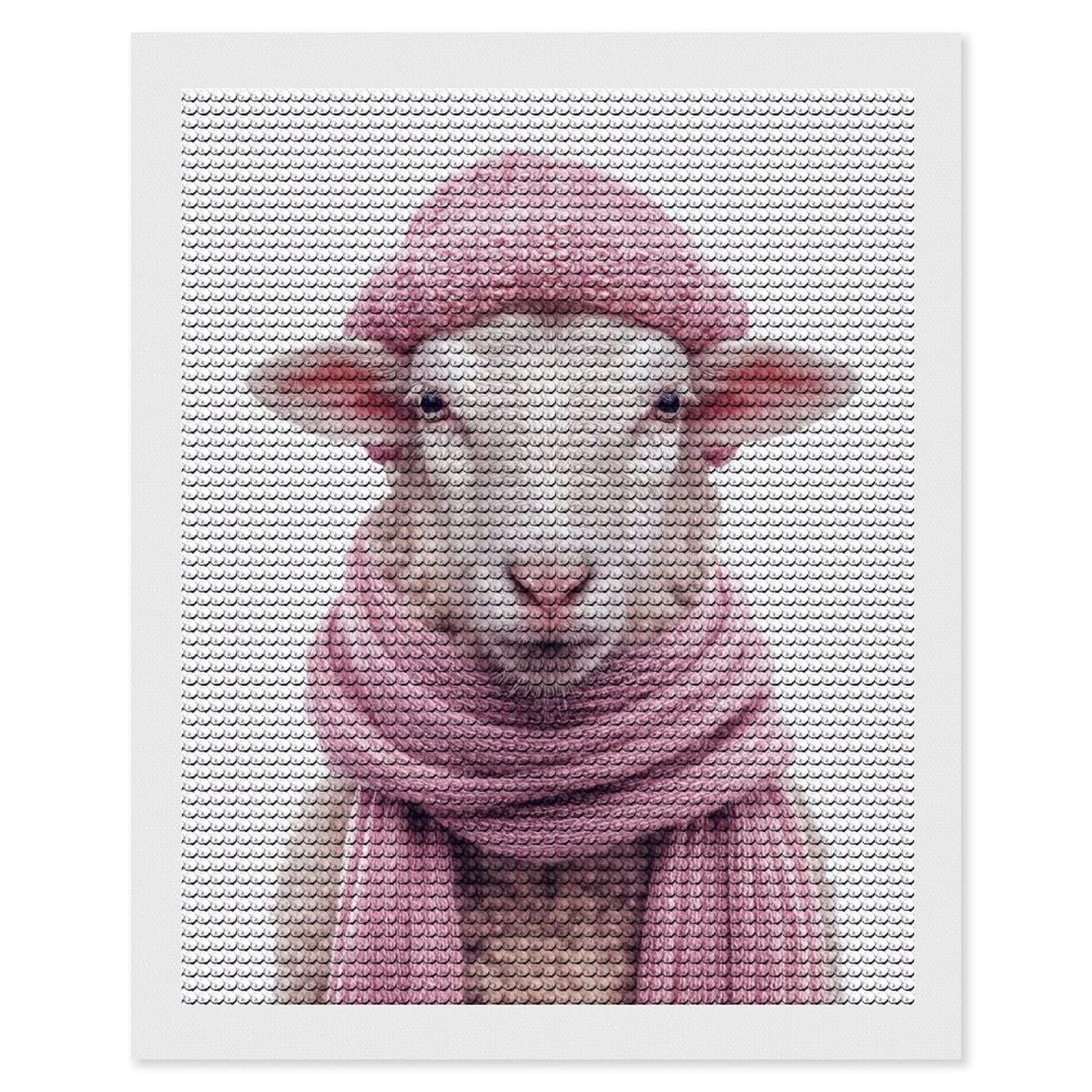 Junmoney Cozy Sheep in Pink Hat and Scarf Round Drill Diamond Painting 16"x20", for Women, Relaxing DIY Hobby, Bedroom Decor, Christmas Gift, Adhesive Canvas