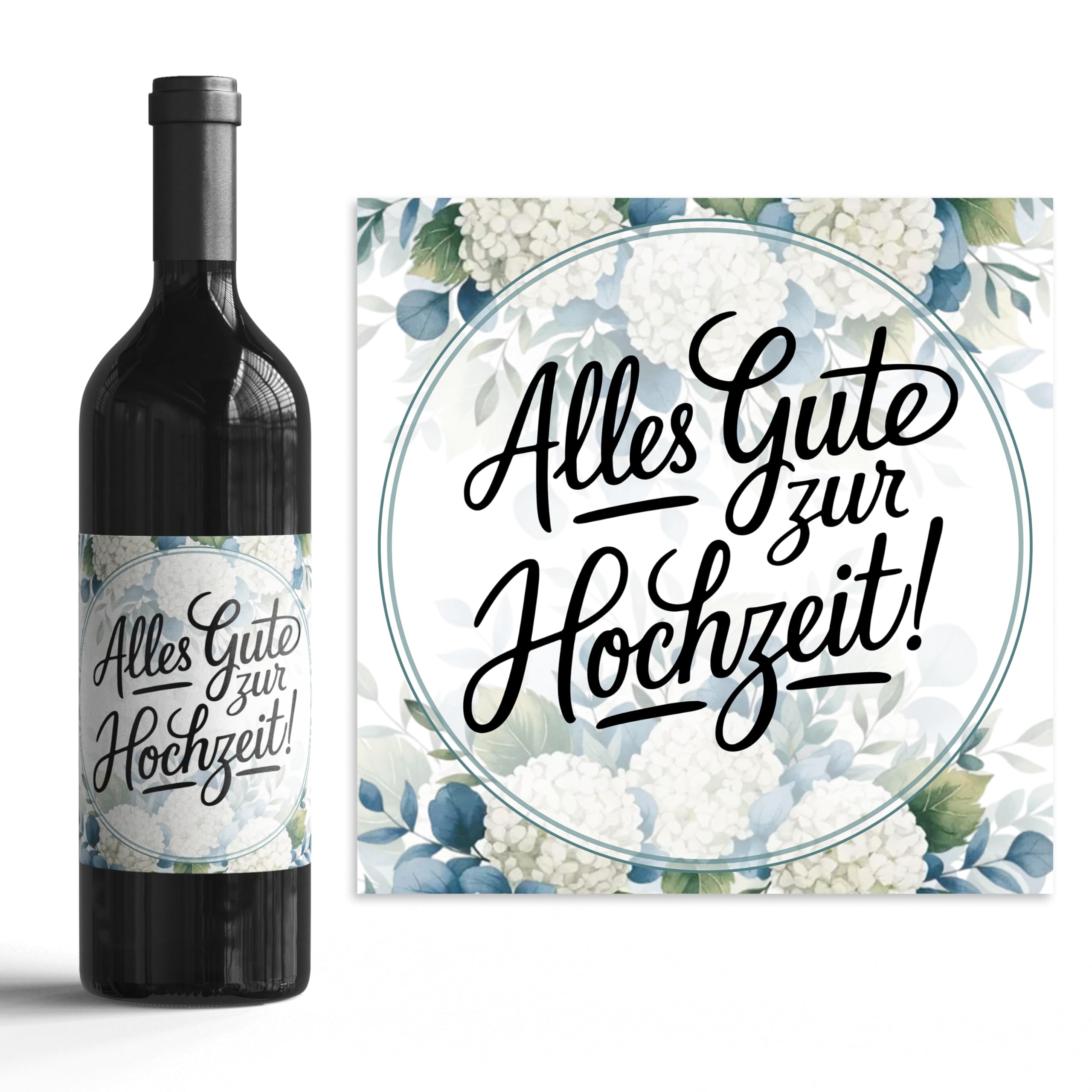 Flaschenetiketten zur Hochzeit – Alles Gute zur Hochzeit – 6 Aufkleber mit Hortensien Motiv – Geschenkidee für Brautpaar & Gäste – Hochzeitsdeko selbstklebend (Hortensien / 026, 10x10cm)