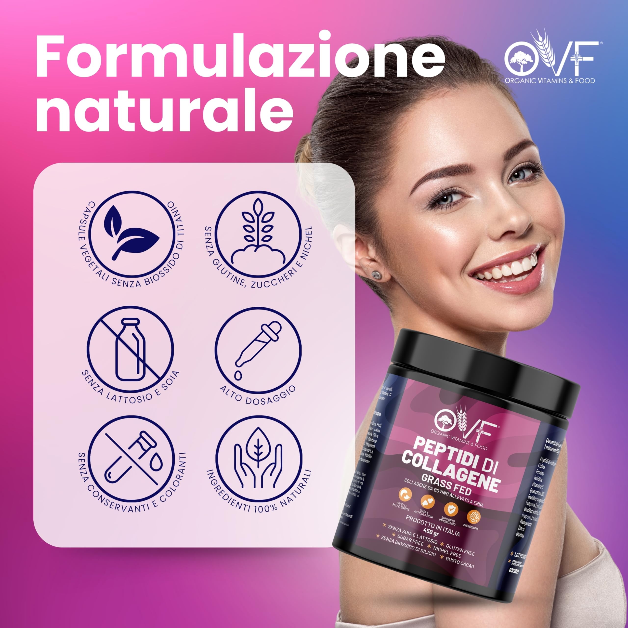 OVF Peptidi di Collagene Idrolizzato (grass Fed) - Supporto Articolazioni e Pelle - Integratore 450g Collagene Puro con Biotina, Quercetina, Vitamina C e Zinco - Made in Italy