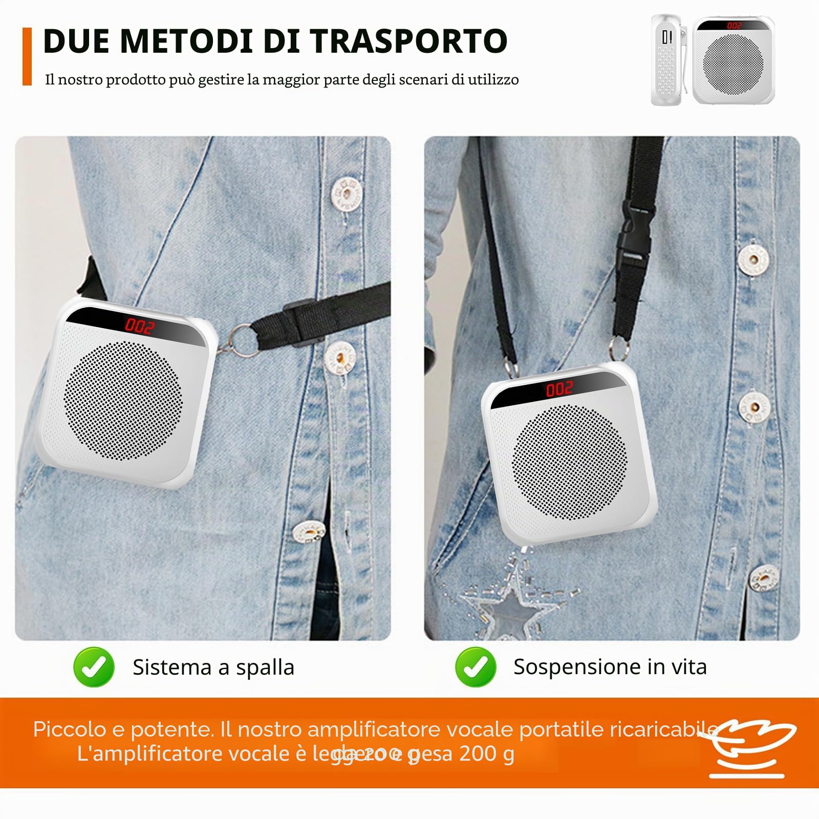 Amplificatore vocale portatile, altoparlante ricaricabile con microfono auricolare, cintura, batteria 2200 mAh, mini amplificatore senza fili per allenatori, insegnanti e guide turistiche
