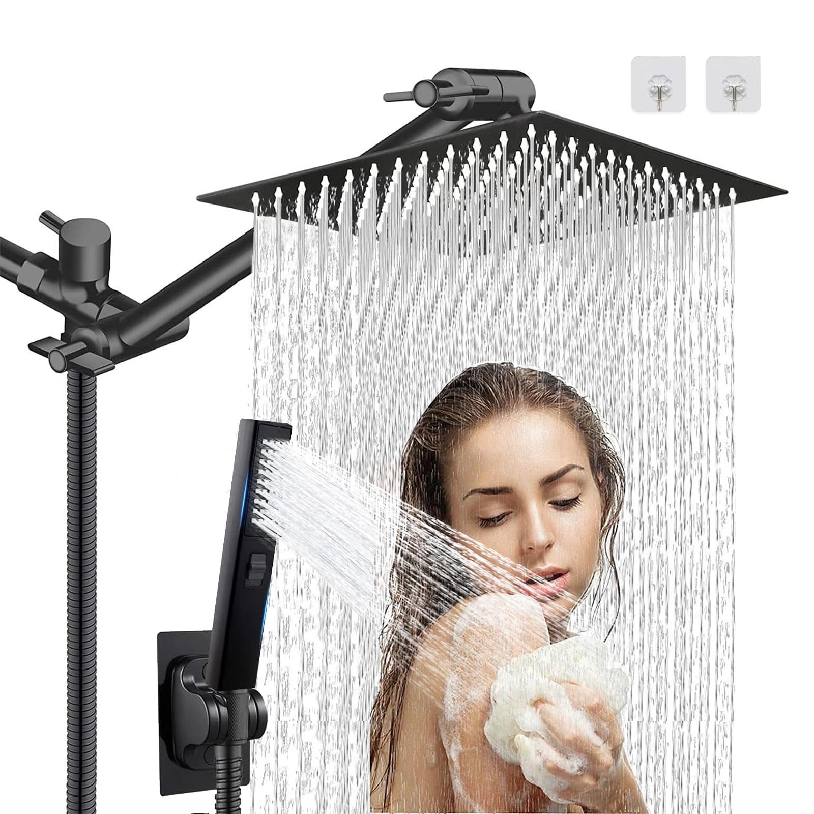 12" High Pressure Square Rain Shower Head and 2-in-1 Hand Shower, Rainfall Showerhead with 13" Shower Arm, Equipped with 78" Hose, Adhesive Shower Head Holder (Square Shower Head Set Black)
