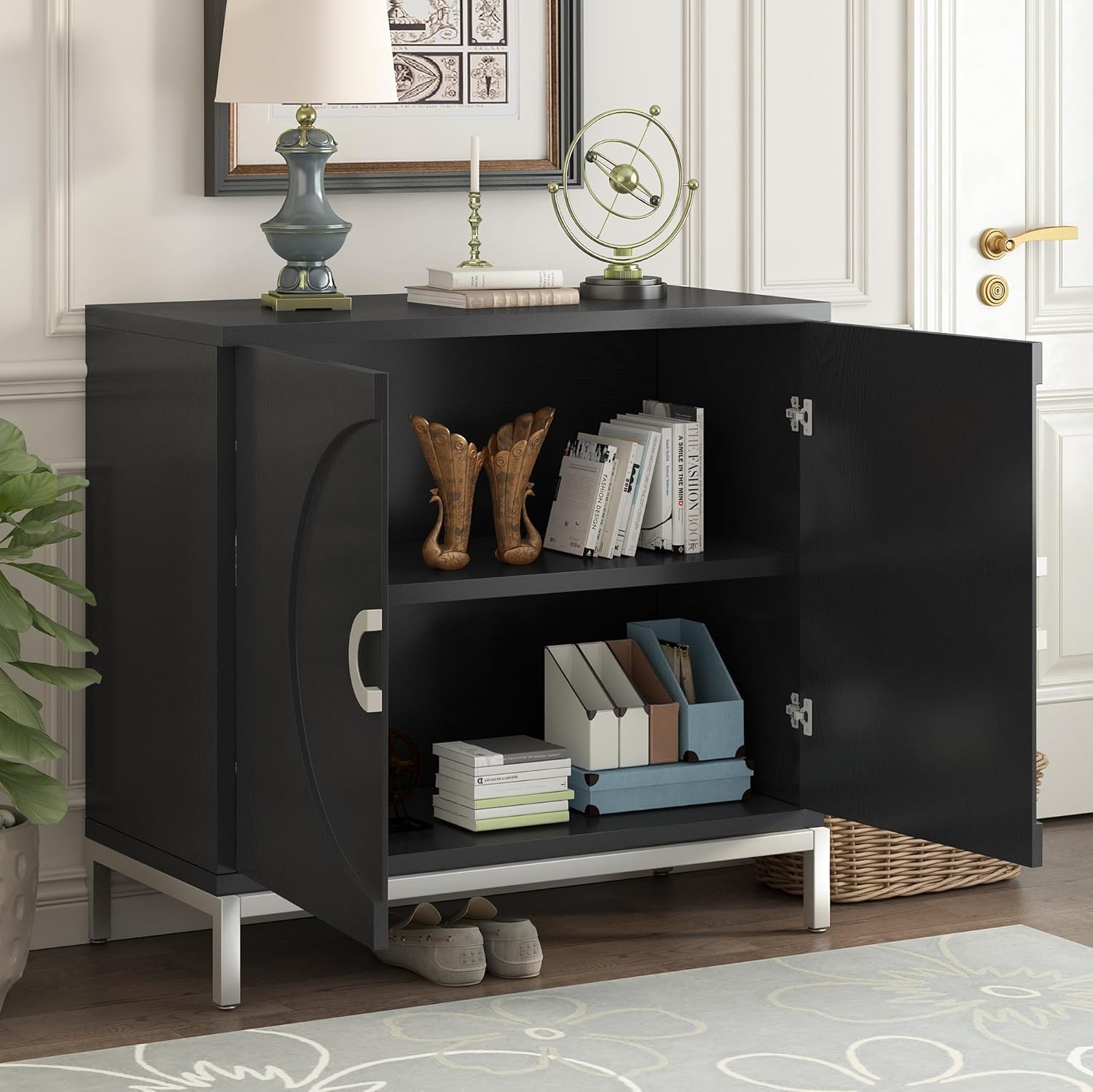 Merax Wood Farmhouse Buffet Sideboard with Metal Legs Coffee Bar Storge Cabinet Console Table for Living Room Kitchen Black