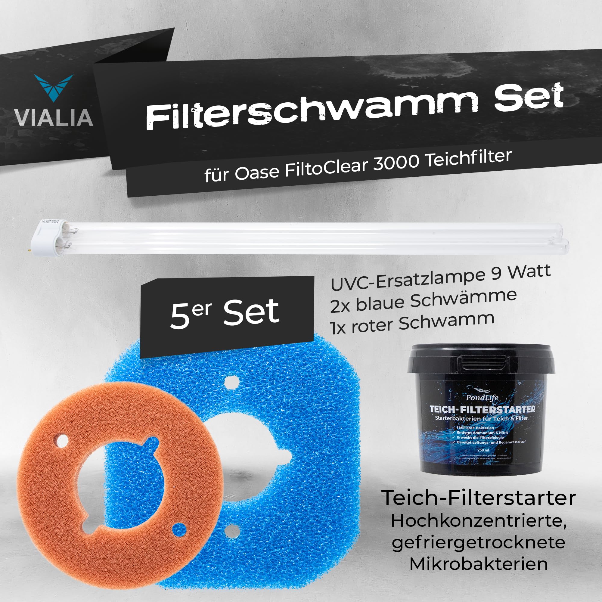 Wartungspaket kompatibel mit Oase FiltoClear 3000 Komplettset 3 Filterschwämme 9W UVC Ersatzlampe