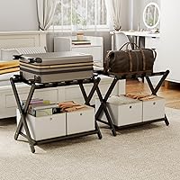 Vista 13 de Portaequipajes negro totalmente montado para habitación de invitados, soporte plegable de bambú para maleta con 5 correas de nailon, soporte