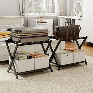 2 Pack Fully Assembled Black Luggage Racks with 4 Storage Boxes, Bamboo 26.77" Foldable Suitcase Stand for Guest Room with 5 Nylon Straps, Luggage Rack Holder with Shelf for Bedroom Hotel