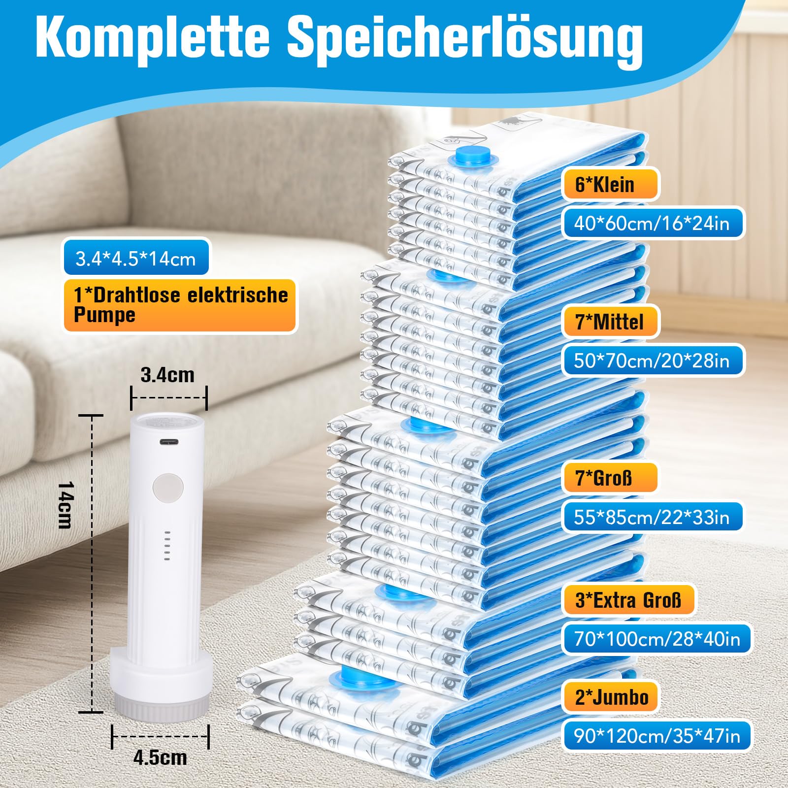 BoxLegend Vakuumbeutel für Kleidung & Bettdecken mit Vakuumpumpe, 25 Stück Vakuumierbeutel 2 Jumbo + 3 Extra Groß + 7 Groß + 7 Mittel + 6 Kleine, Perfekt für Reise & Lagerung Aufbewahrungstasche