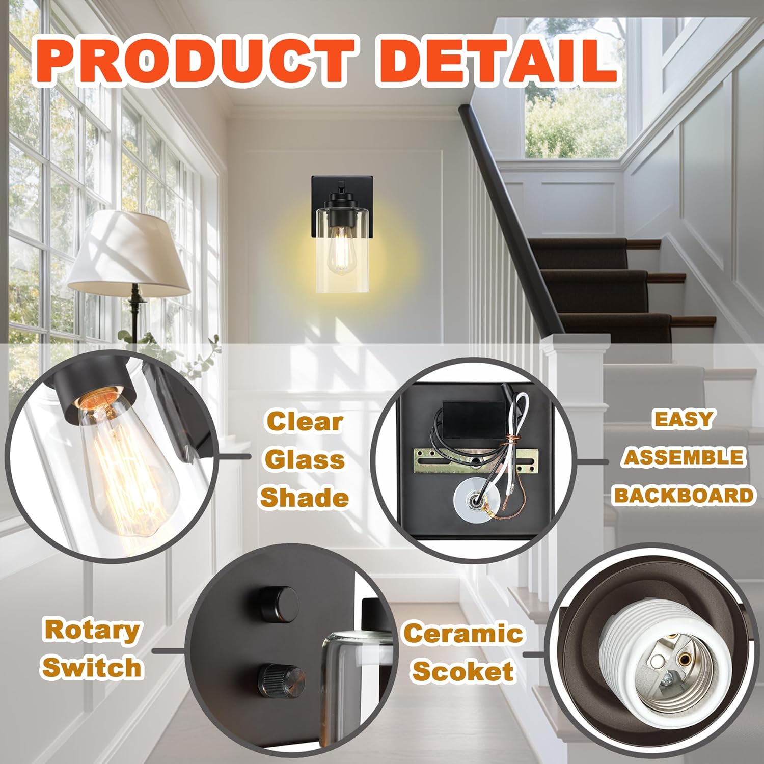 Wall Sconces Set of Two, Wall Mounted Bedside Lamps with Rotary Switch, Matte Black Sconces Wall Lighting, Bathroom Light Fixtures with Clear Glass Shade, Wall Lights for Bedroom Living Room