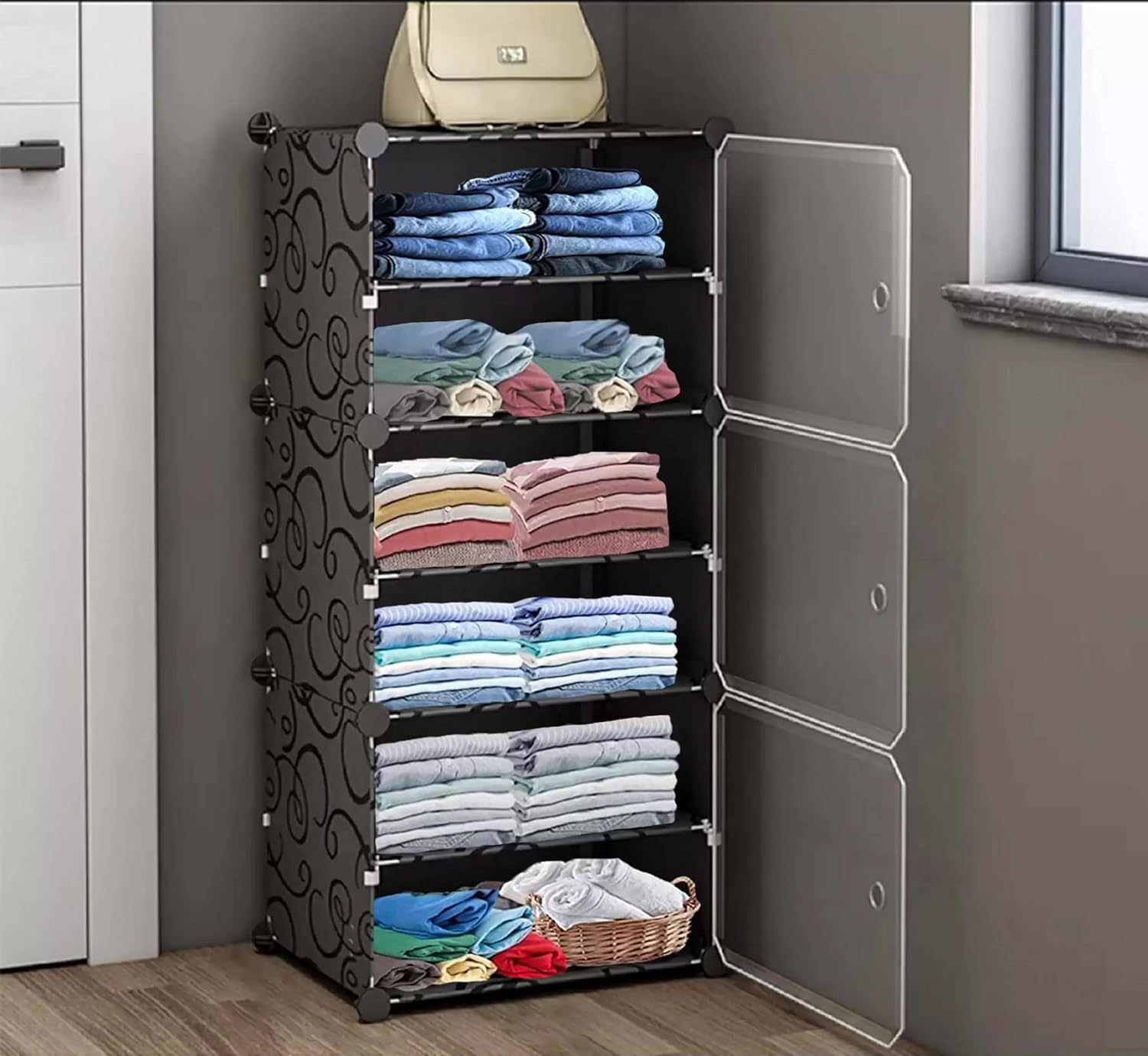 AYSIS Plastic Foldable Wardrobe for Clothes Storage, 6-Shelf 3-Door Collapsible Cupboard, Kitchen Storage Rack (Black, 44 x 32 x 158 Cm) AYSIS Plastic Foldable Wardrobe for Clothes Storage, 6-Shelf 3-Door Collapsible Cupboard, Kitchen Storage Rack (Black, 44 x 32 x 158 Cm)