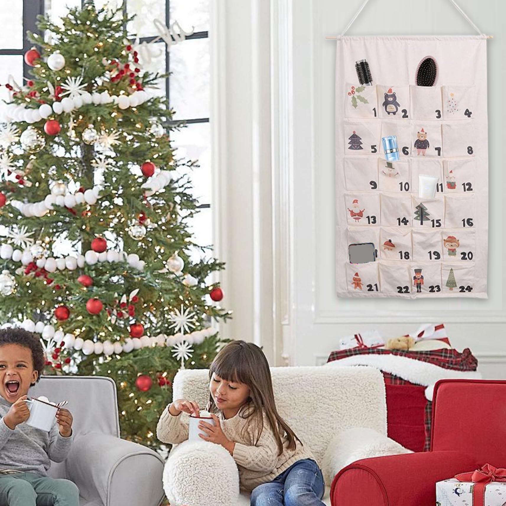 Gcroet Calendario dell'Avvento da Appendere con 24 Tasche. Calendario dell'Avvento di Natale, Organizer Vuoto, riempibile, Portatile, per Decorazioni Natalizie su Porta o Parete..