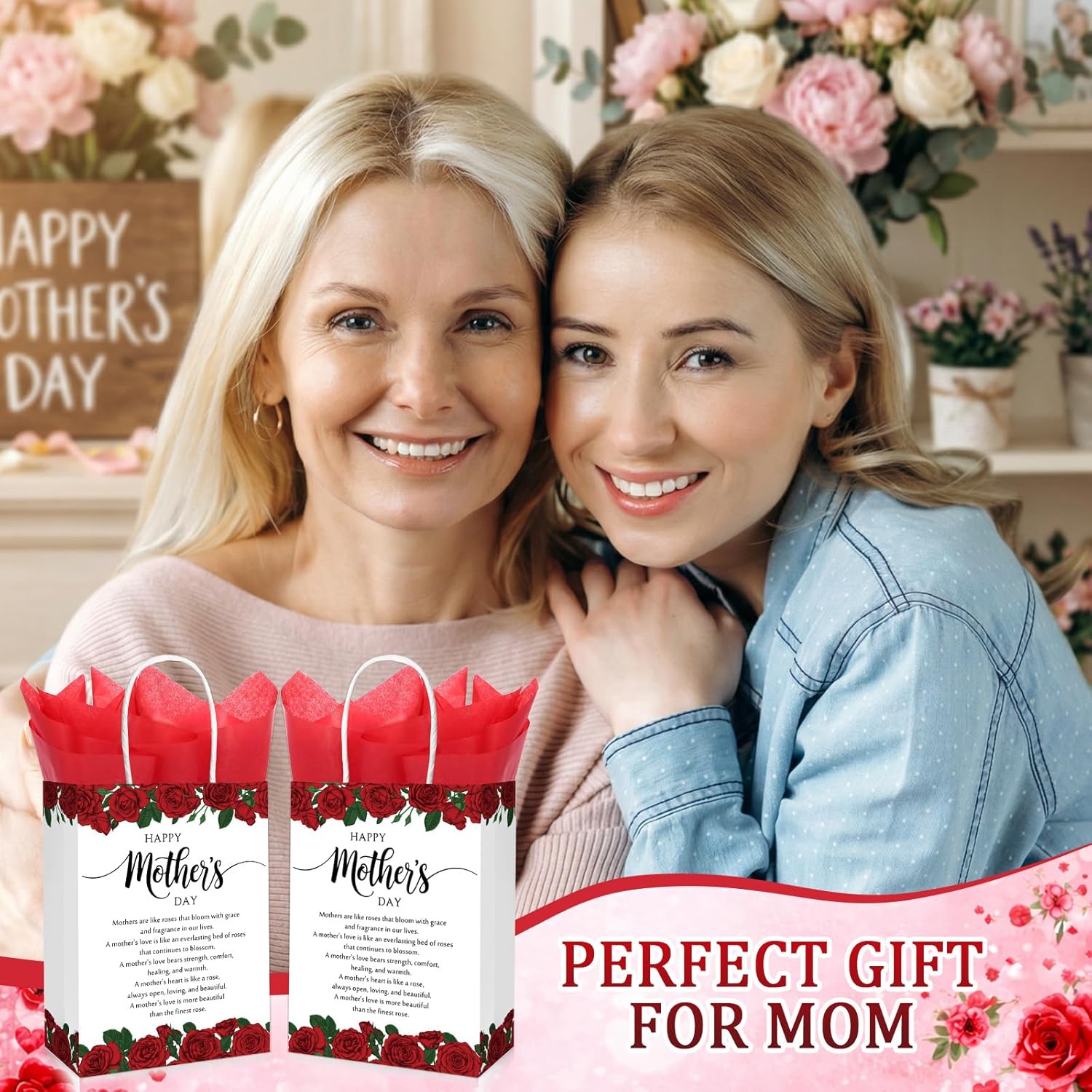 Sinload 50 Pcs Religious Mothers Day Gifts Bags Bulk with Tissue Christian Red Rose Gifts Bags with Handles Religious Happy Mother Day Goodie Bag for Women Best Mom Church Gift Wrapping
