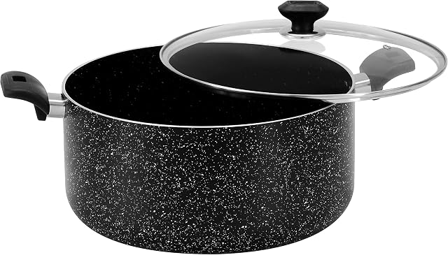 Bartan 28cm Casserole Dish Stock Pot, Cooking Pot with Glass Lid, 3-Ply Marble Non-Stick Coating, Aluminium, Suitable for Induction Cookers/Stoves, Cool-Touch Bakelite Handle