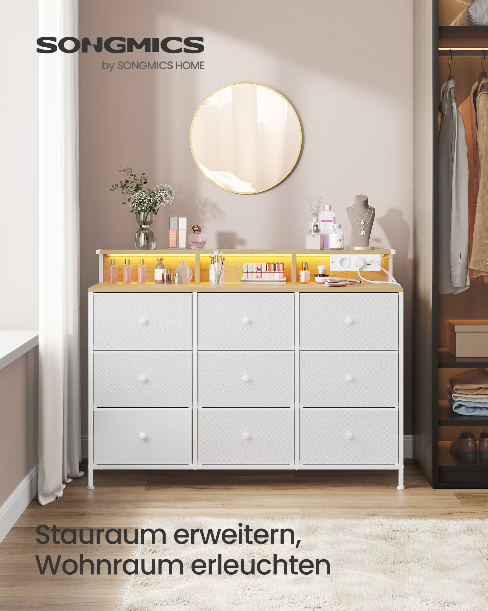 HOMCOM Kommode Mit 8 Schubladen - Stoff Aufbewahrungsschrank Mit Steckdosen Cremeweiß