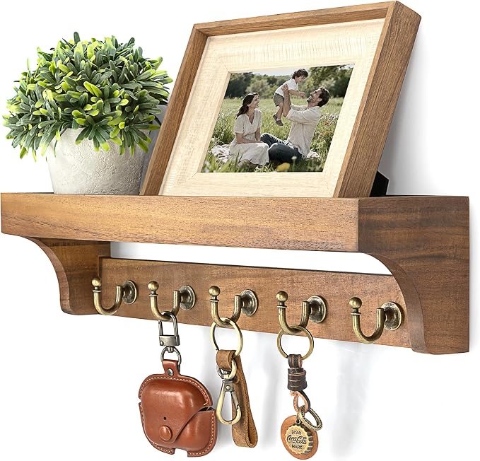 Acacia Wood Farmhouse Key Holder Wall Mount for Room Decor – Retro Key Holder for Wall with Shelf for Cute Things– Stylish Home Storage for Apartment Essentials (Acacia Wood)