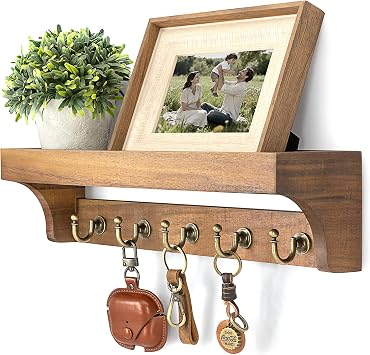 Rebee Vision Acacia Wood Farmhouse Key Holder Wall Mount for Room Decor Retro Key Holder for Wall with Shelf for Cute Things Stylish Home Storage for Apartment Essentials Acacia Wood