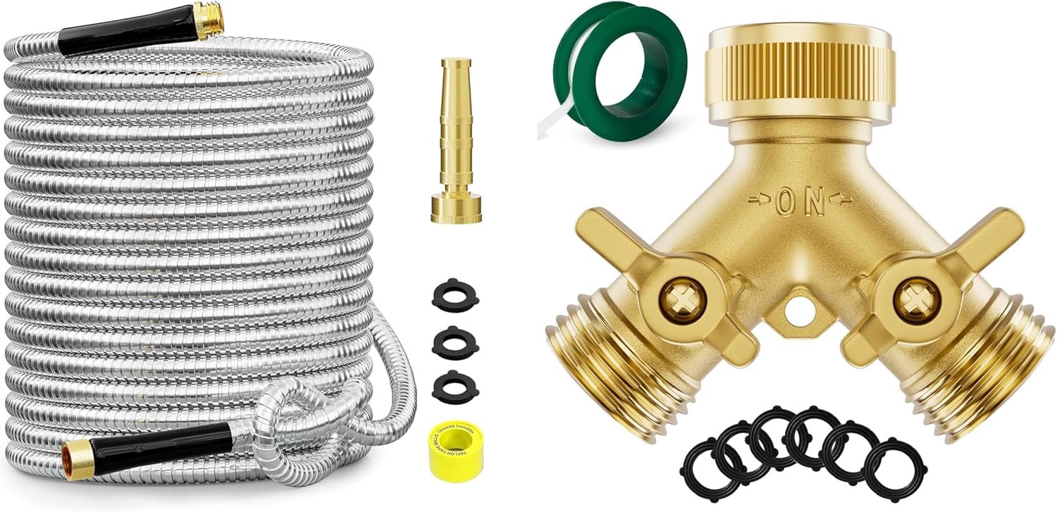 50 FT Stainless Steel Garden Hose+Brass Garden Hose Splitter 2 Way