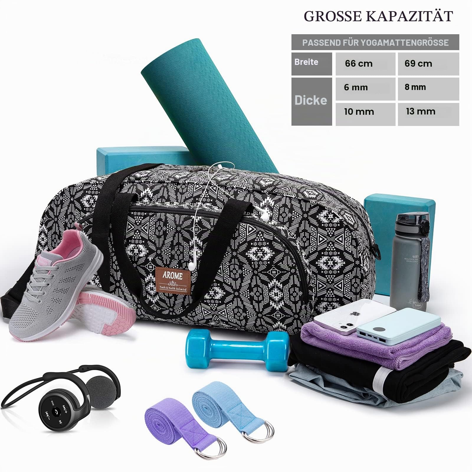 AROME Yogamatten-Tasche für Damen und Herren, große Canvas-Yogatasche für 0,6 cm, 1,3 cm, 6,3 cm, 1,27 cm, extra Dicke Trainings-Yogamatte, Sporttasche, Tragetasche mit Nasstasche, Schultergurt und