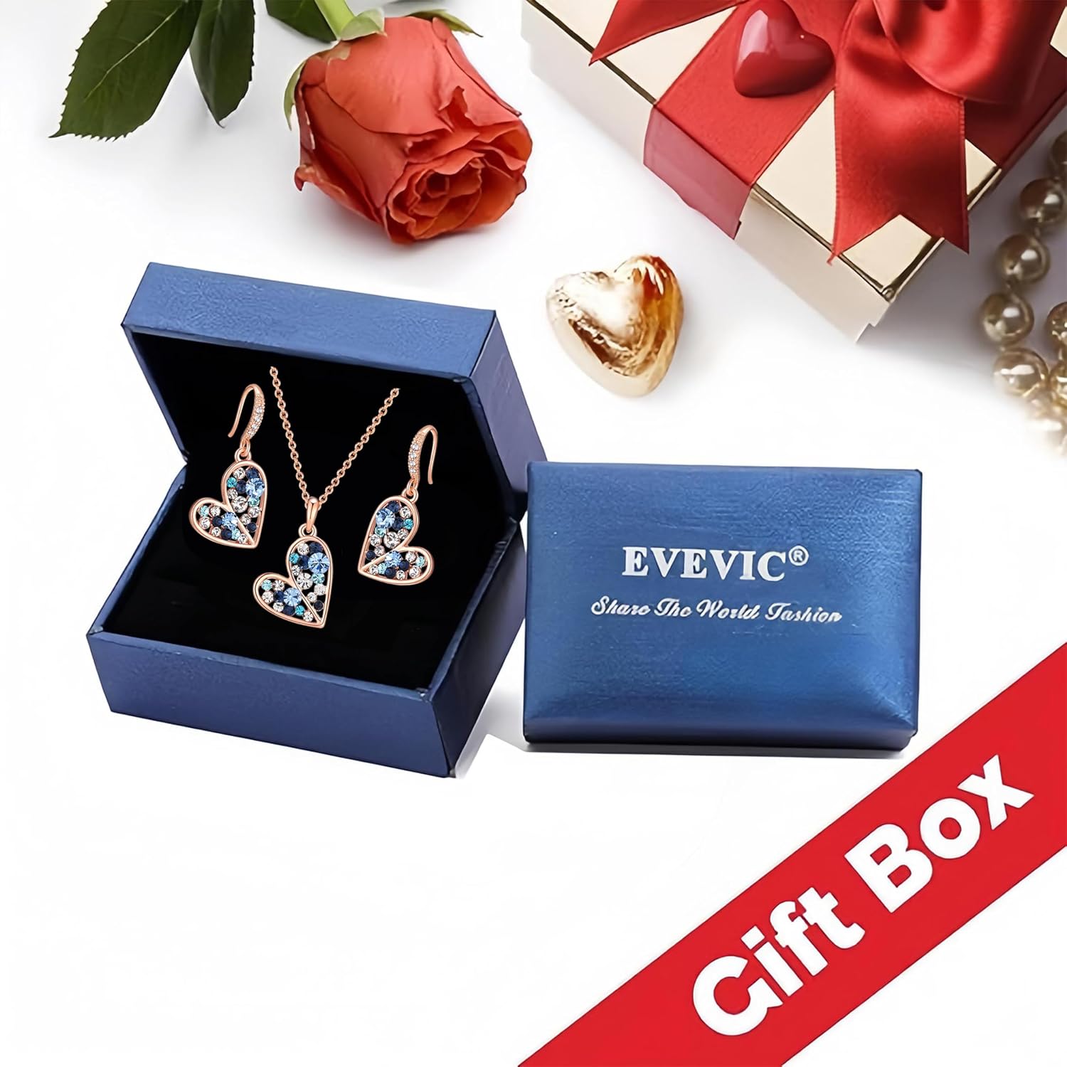 EVEVIC Austrian Crystals Heart Pendant Necklace Earrings Set for Women 14K Rose Gold Plated Drop Earrings Hypoallergenic Jewelry Set Gift for Birthday Anniversary Wedding - Image 7