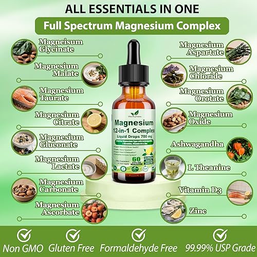 Miniatura 2 de Gotas líquidas de complejo de magnesio 12 en 1, citrato de magnesio quelado, glicinato, taurato, malato aspartato con teanina Ashwagandha D3 y zinc