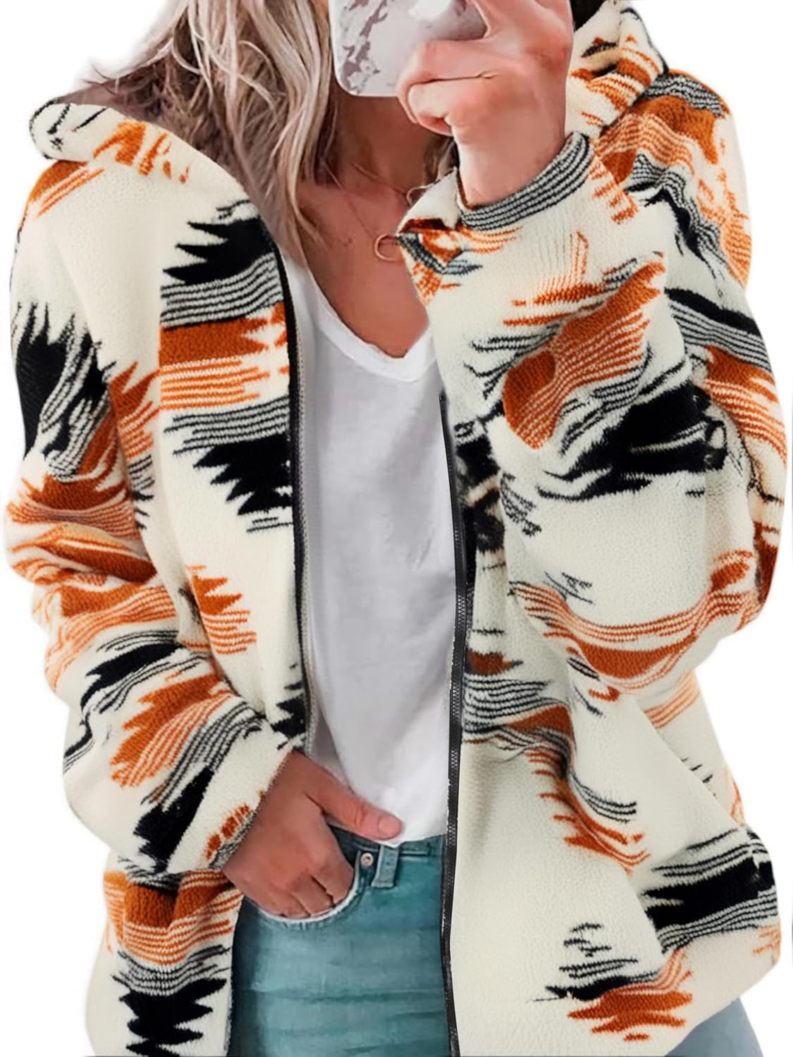 LUKYCILD Womens Western Aztec Print Zip up Hoodies Sweatshirt Sherpa Fleece Jacket Coat with Pockets Casual Warm Outwear