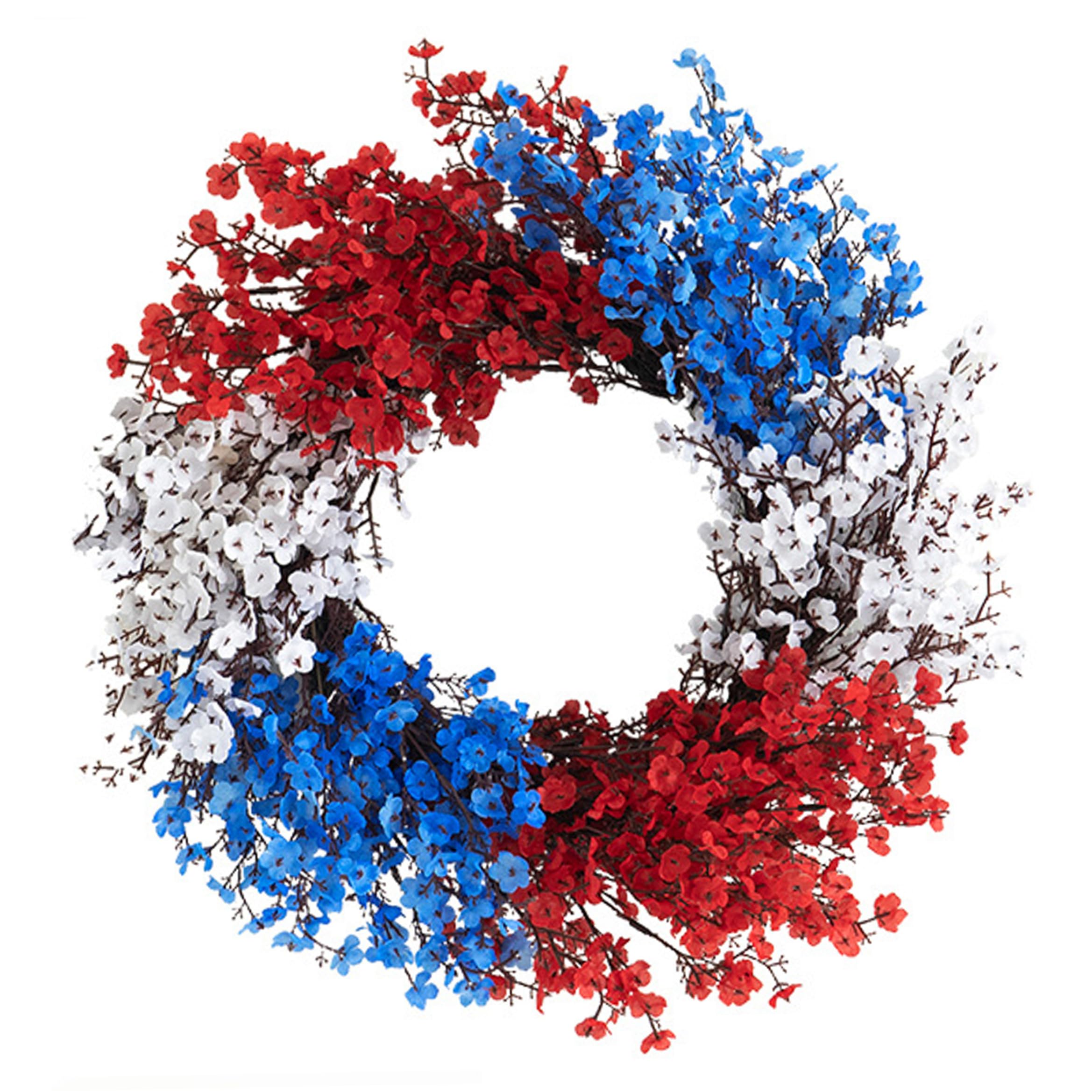 CAKEEYUM 16 Inch Artificial Red White & Blue Patriotic Door Wreath 4th of July Decor for Door Wall Window Fireplace