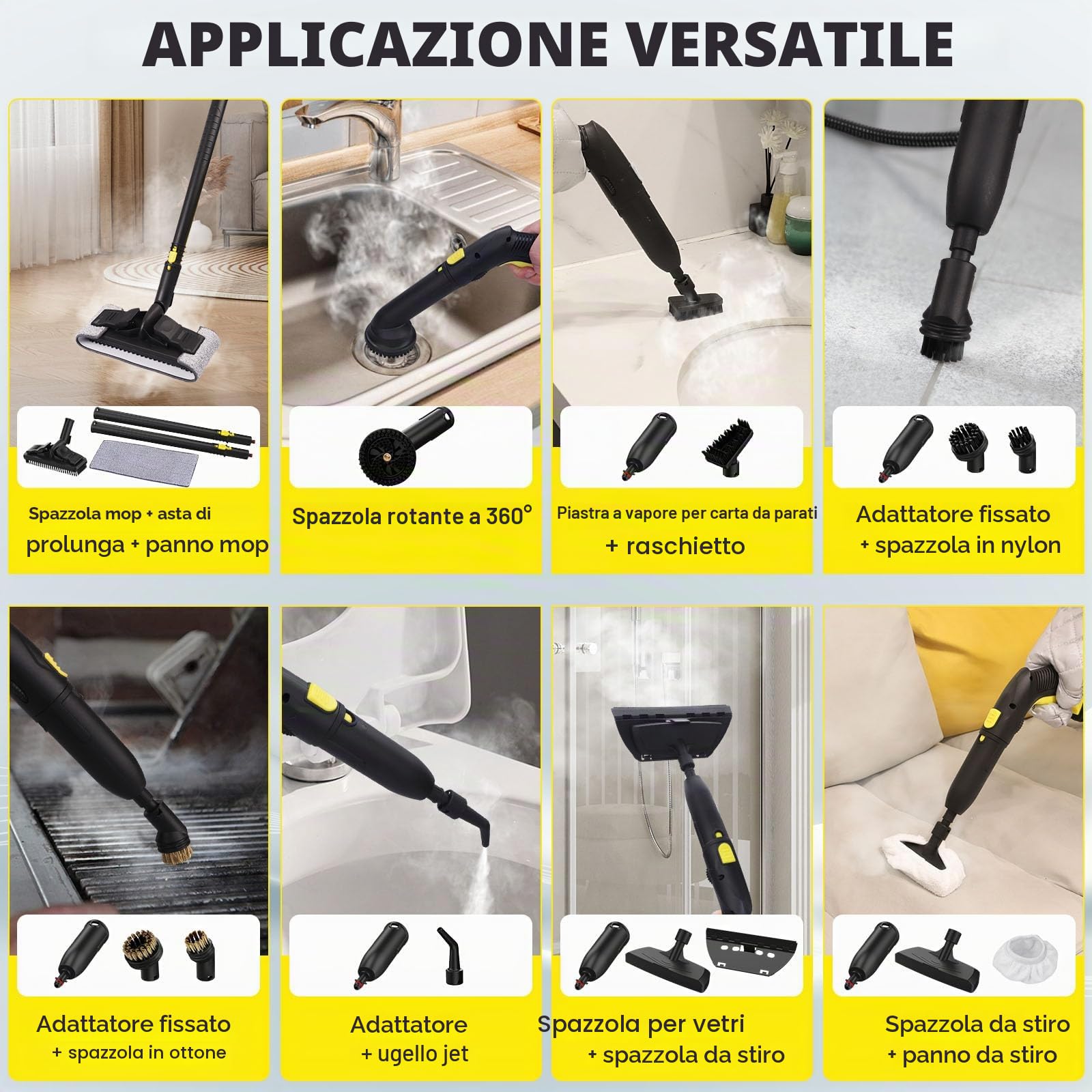 TVD Pulitore a Vapore Mobile, Pressione 3,5 bar, 1.5L, Con 26 Accessori | Con Cavo di Alimentazione Extra Lungo 5 m | per Pavimenti, Forno, Piastrelle, Tappeti, Cucina, Bagno | Senza Chimiche