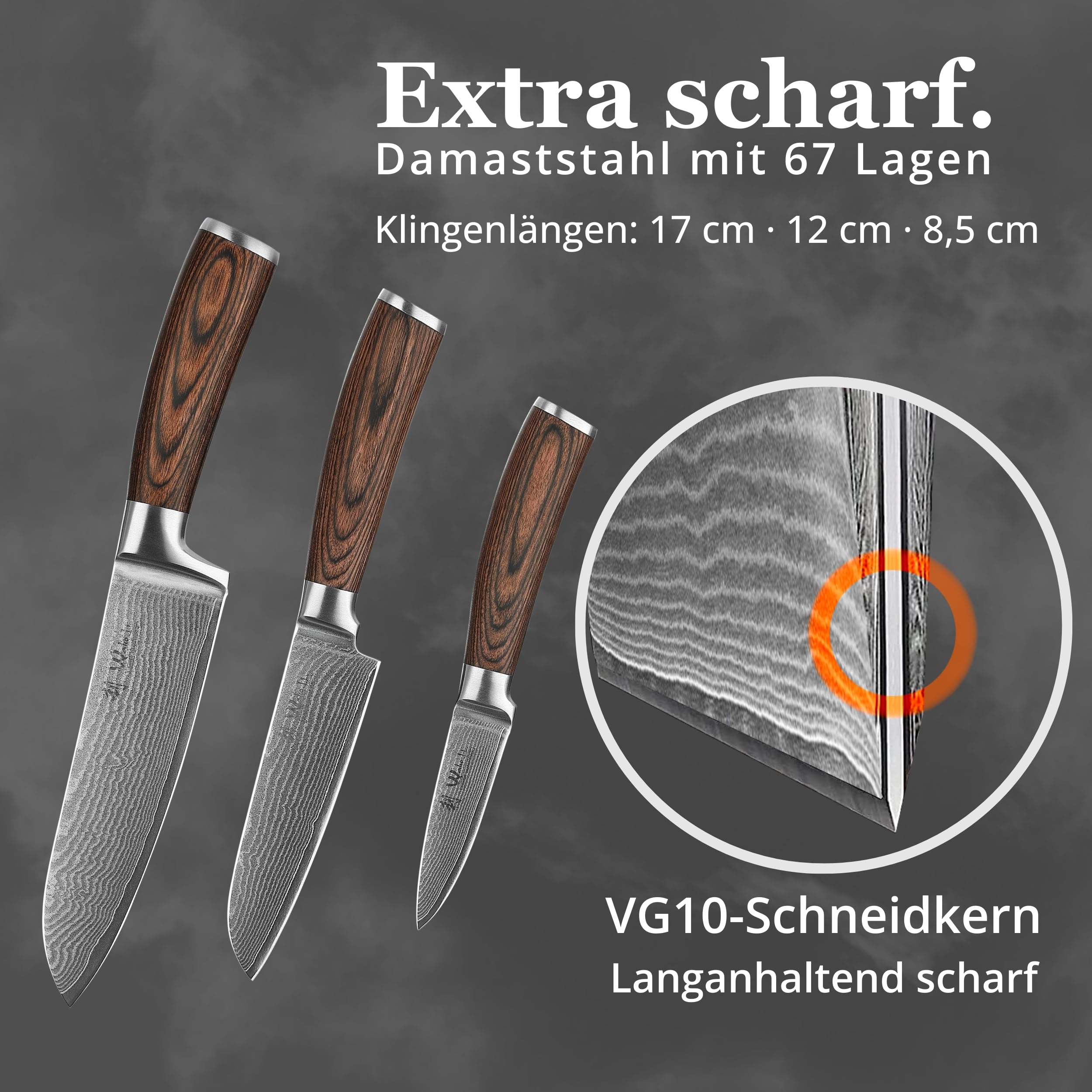 Wakoli EDIB Messerblock-Set mit 3 Damastmessern, 67 Lagen und VG10-Kern | Santoku 17 cm, kleines Santoku 12 cm, Officemesser 8,5 cm; magnetischer Messerblock aus Holz, Pakkaholzgriffe, Holzbox