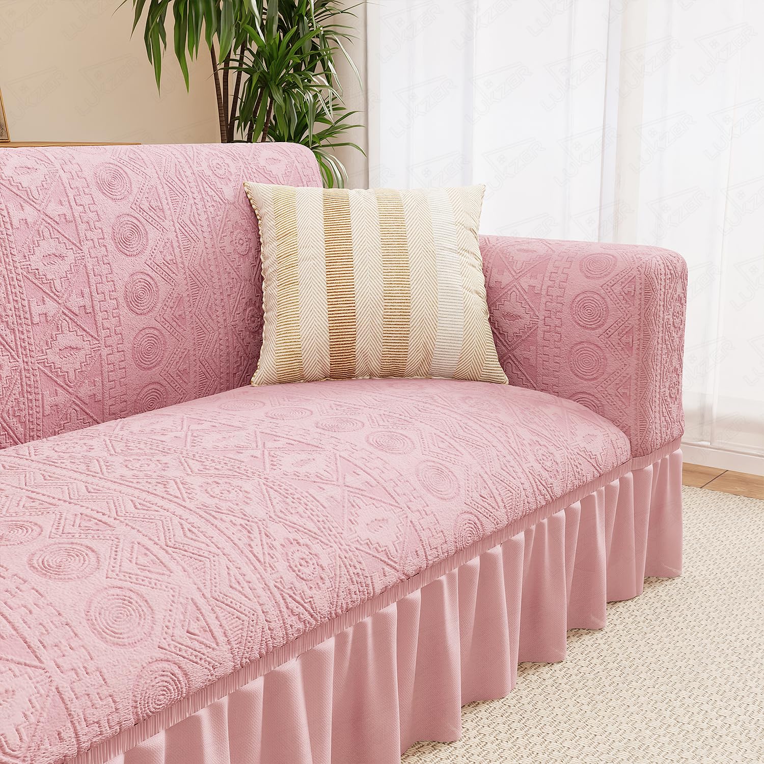 Lukzer 3 Seater Jacquard Sofa Cover with 360° Frill Skirt - Pastel Pink Tribal Pattern | 240 GSM Stretchable Anti-Slip Fully Covered Universal Couch Cover for Living Room (180-230CM/SC-073-03F)-image-6