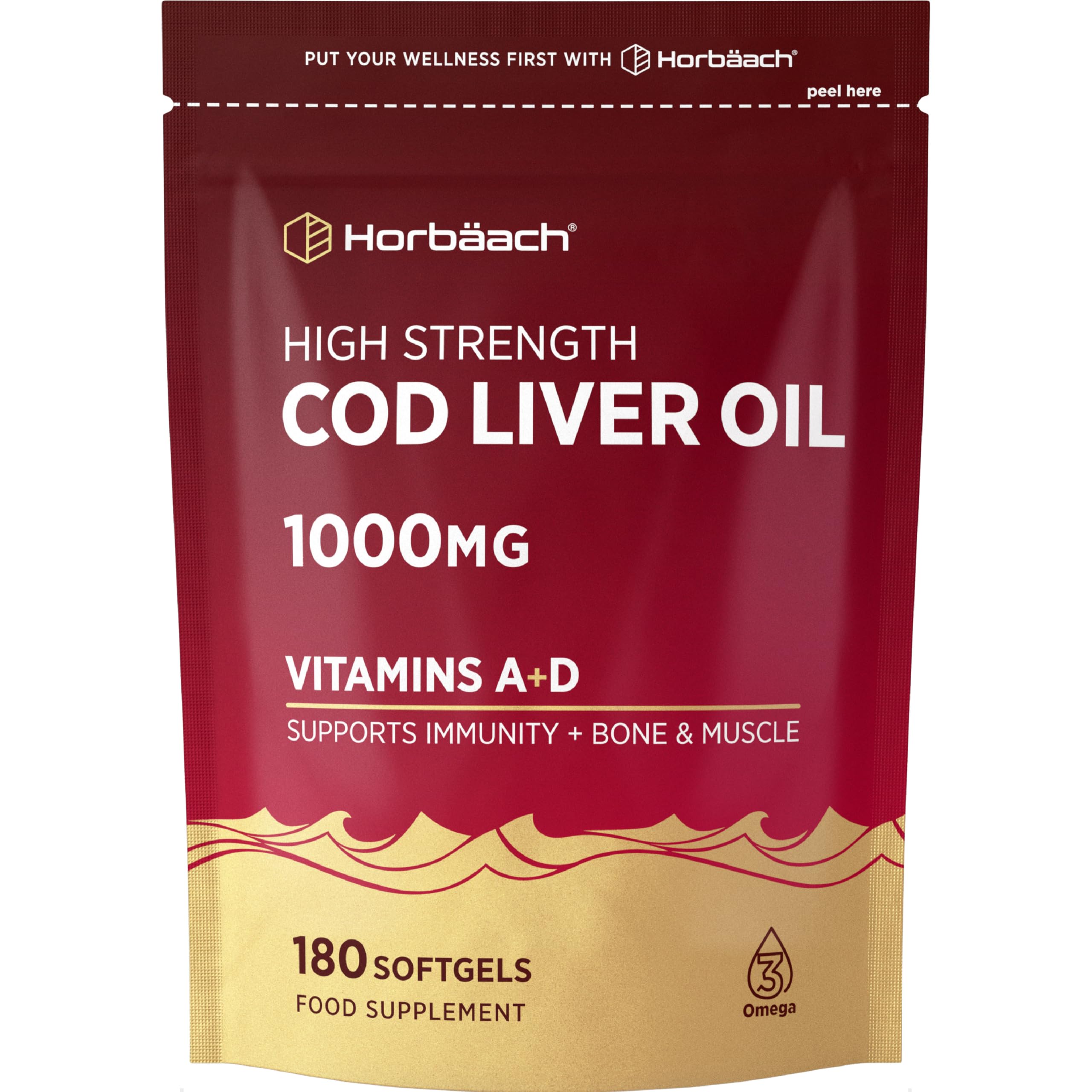 Cod Liver Oil Capsules 1000mg | 180 Softgels (6 Months Supply) | with Omega 3 Fatty Acids with Vitamin A and D + DHA & EPA | High Strength Formula for Adults | by Horbaach