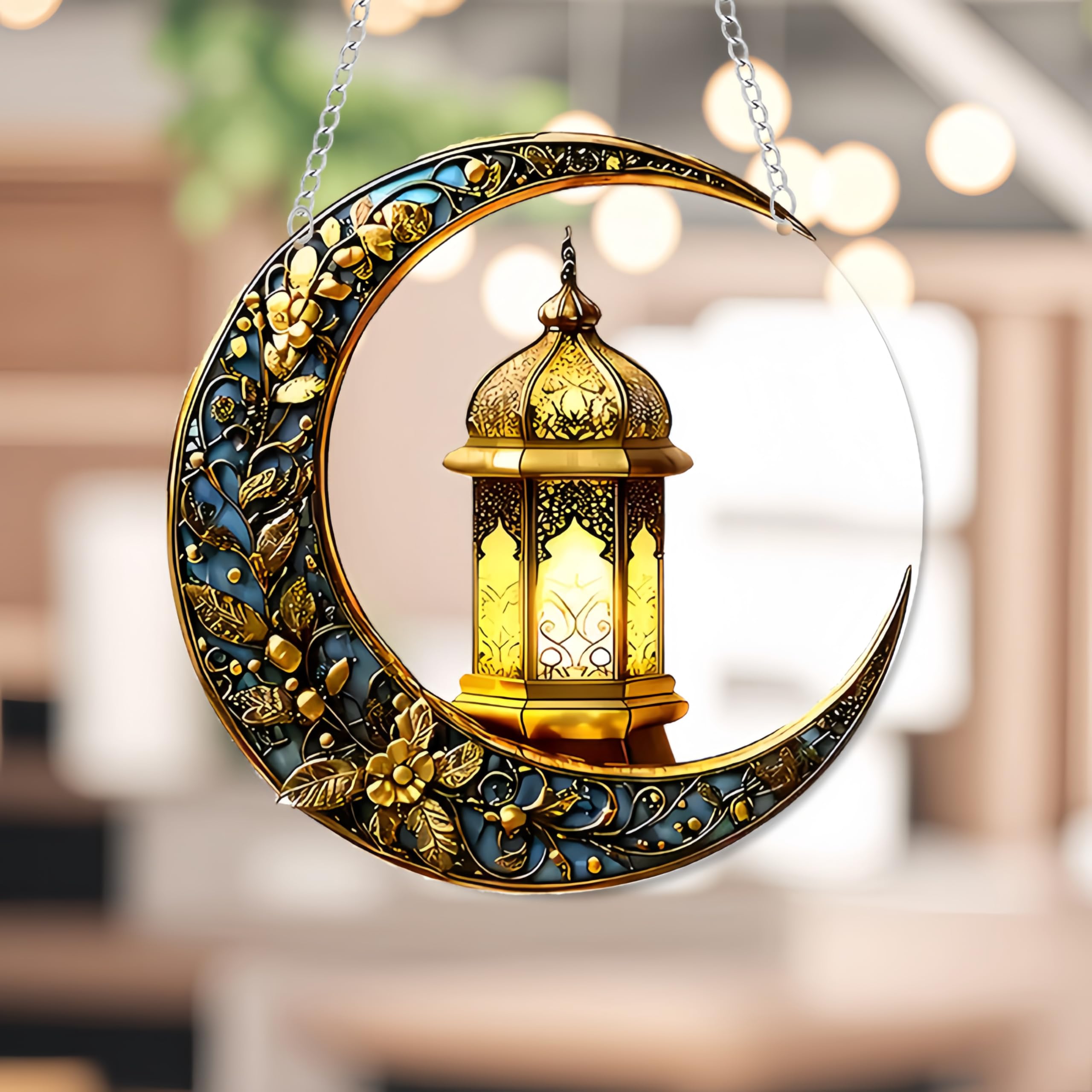 Ramadan Pendant Ornament,Eid Mubarak Wooden Hanging Sign Decorations with Lanyard,Ramadan Kareem Moon Star Door Wall Window Hanger for Eid Al Fitr Muslim Home Decor Party Supplies (Moon Lighthouse)