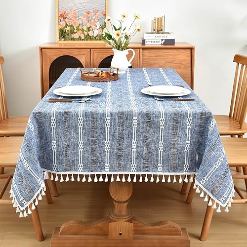 Mantel rústico bordado de lino con borlas, funda de mesa de comedor para cocina, sin arrugas, para mesas rectangulares, 55 x 86 pulgadas, 6-8